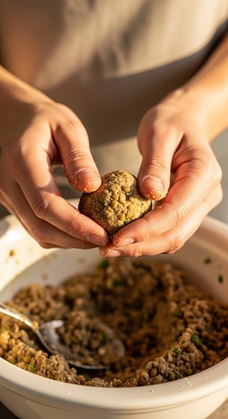 Hands Rolling A Greek Lentil Meatball Over A Mixing Bowl In A Warm Kitchen, Showing The Process Of Healthy Meal Prep.