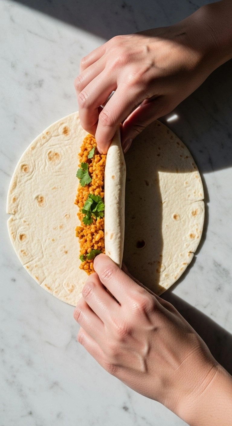 Hands Rolling A Flour Tortilla Around Savory Southwest Filling On A White Marble Countertop For Homemade Eggrolls.