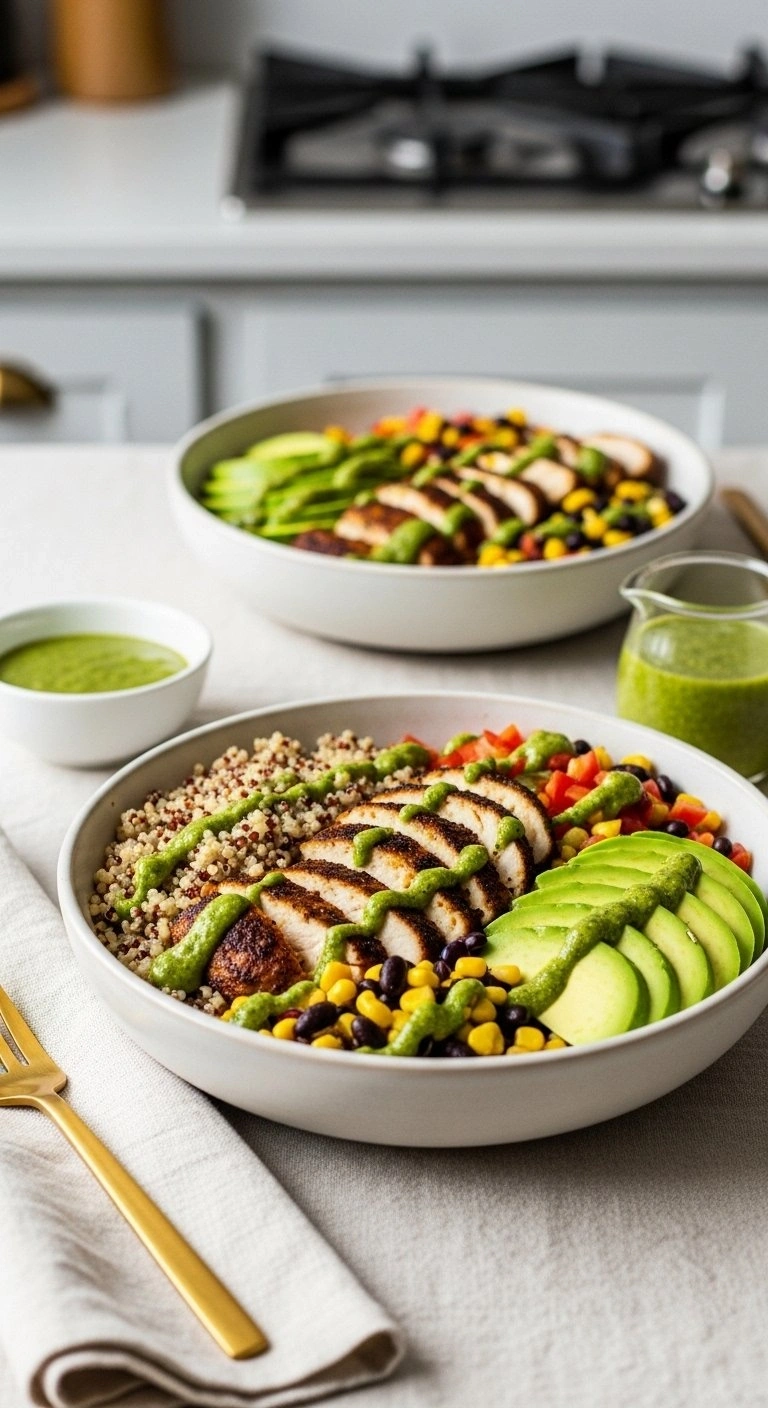 Healthy Baja Grain Bowl With Quinoa, Blackened Chicken, Black Bean Salsa, And Sliced Avocado On A Linen Tablecloth.