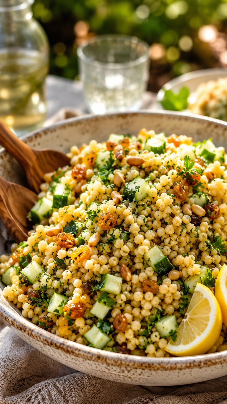 Healthy Israeli couscous salad with cucumbers, golden raisins, and toasted pine nuts in a white ceramic bowl.