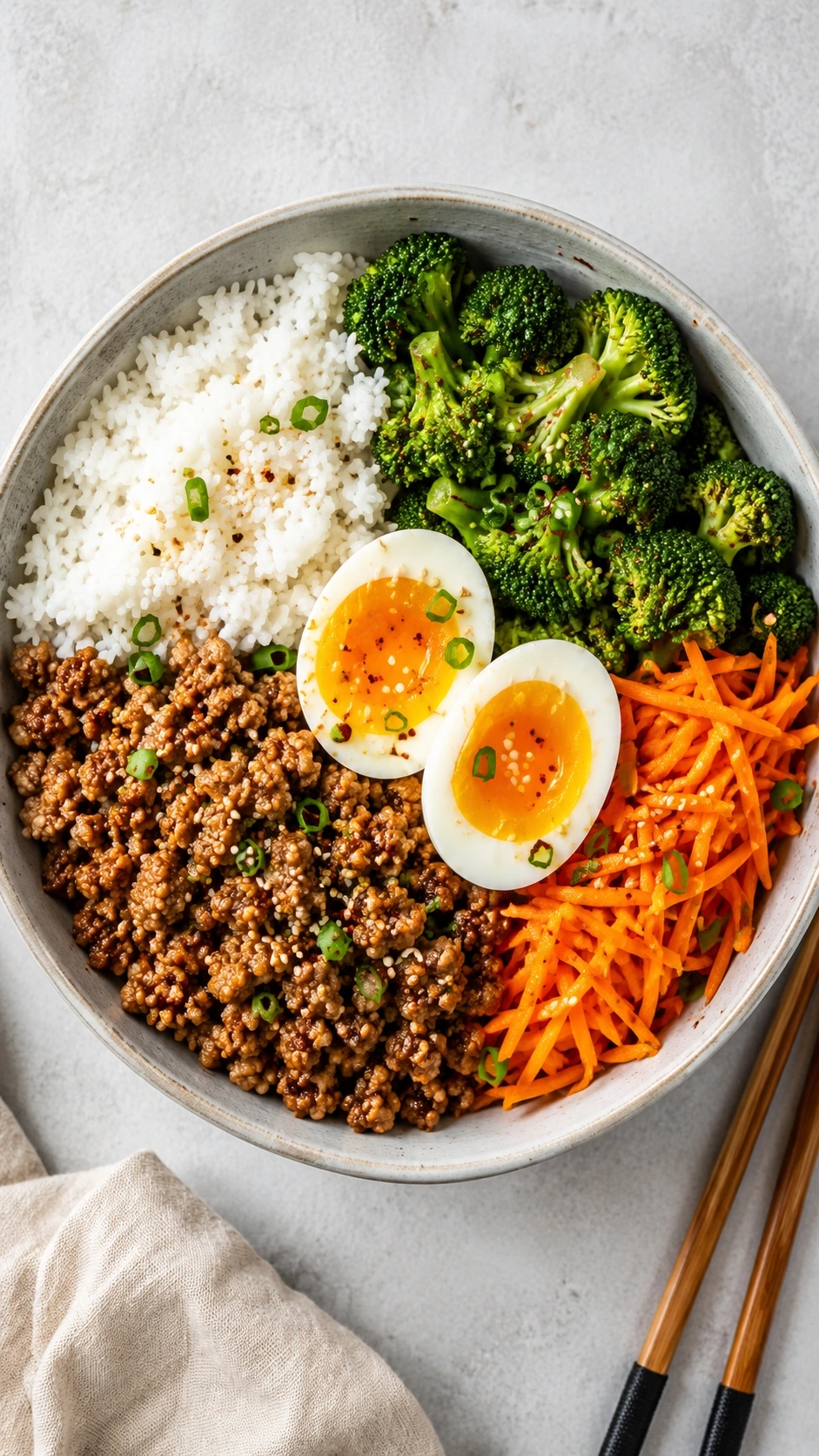 Healthy Korean ground turkey rice bowl with a soft-boiled egg, broccoli, and carrots served with chopsticks.