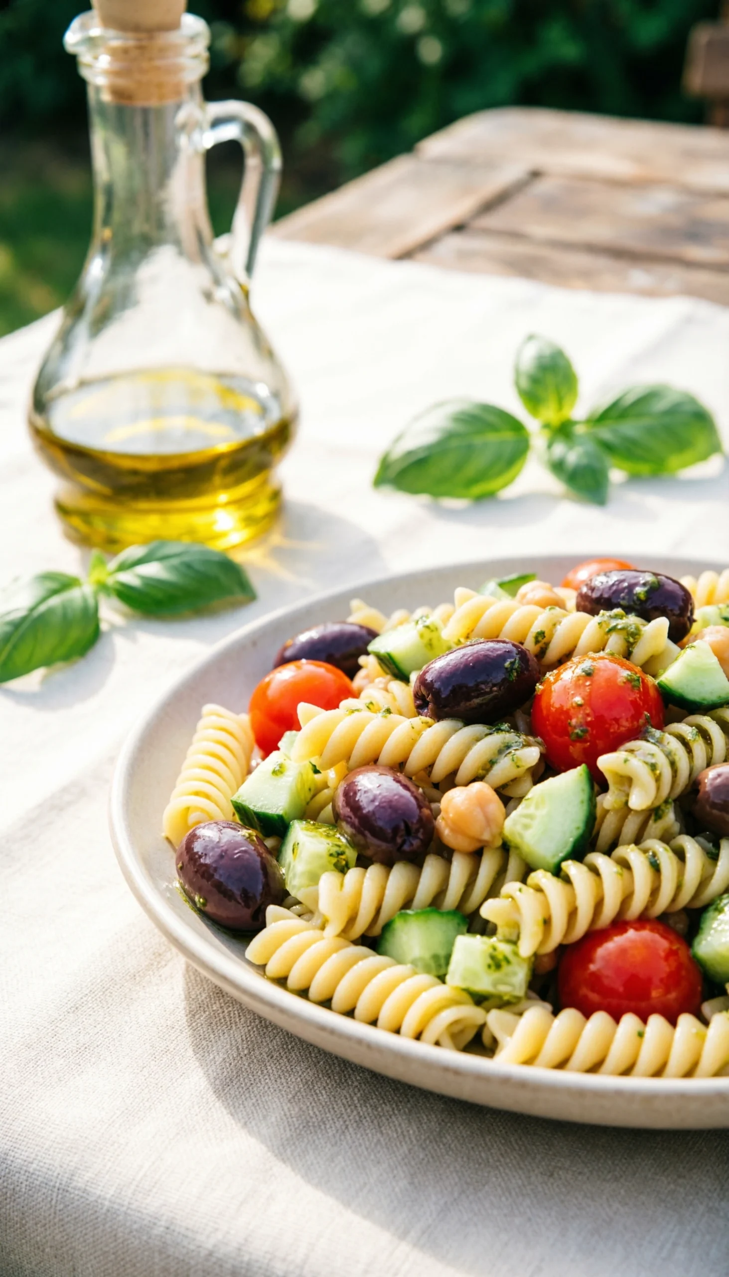 Healthy Mediterranean pasta salad with chickpea pasta, olives, and tomatoes on a linen cloth for a summer picnic.