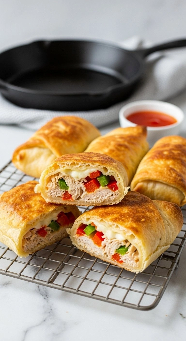 Healthy Baked Chicken Philly Cheesesteak Egg Rolls With Bell Peppers And Melted Cheese On A Marble Countertop.