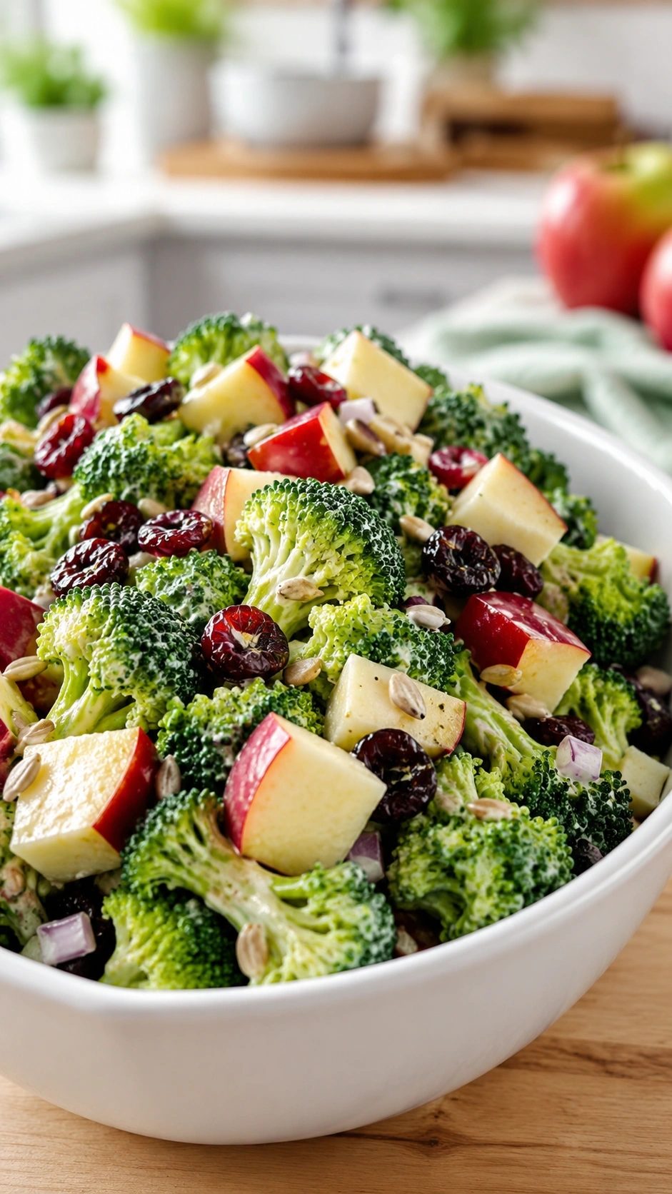 Healthy Broccoli Apple Salad With Sunflower Seeds And Dried Cranberries In A White Bowl On A Wooden Table.
