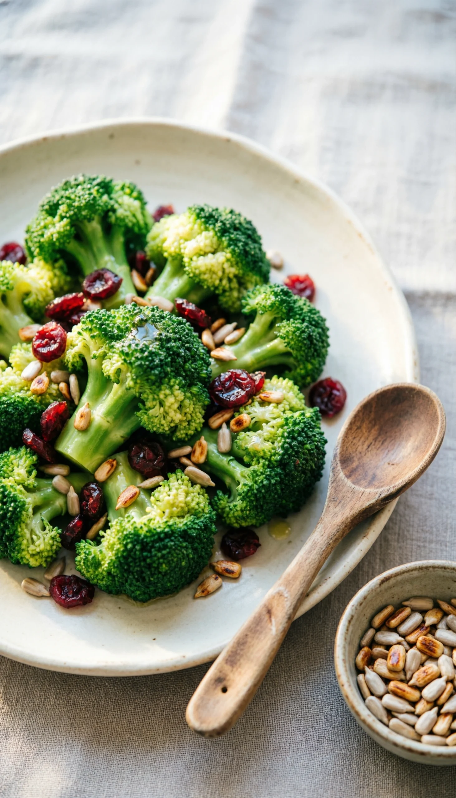 Healthy broccoli salad with toasted sunflower seeds and dried cranberries in a rustic ceramic dish on a linen cloth.