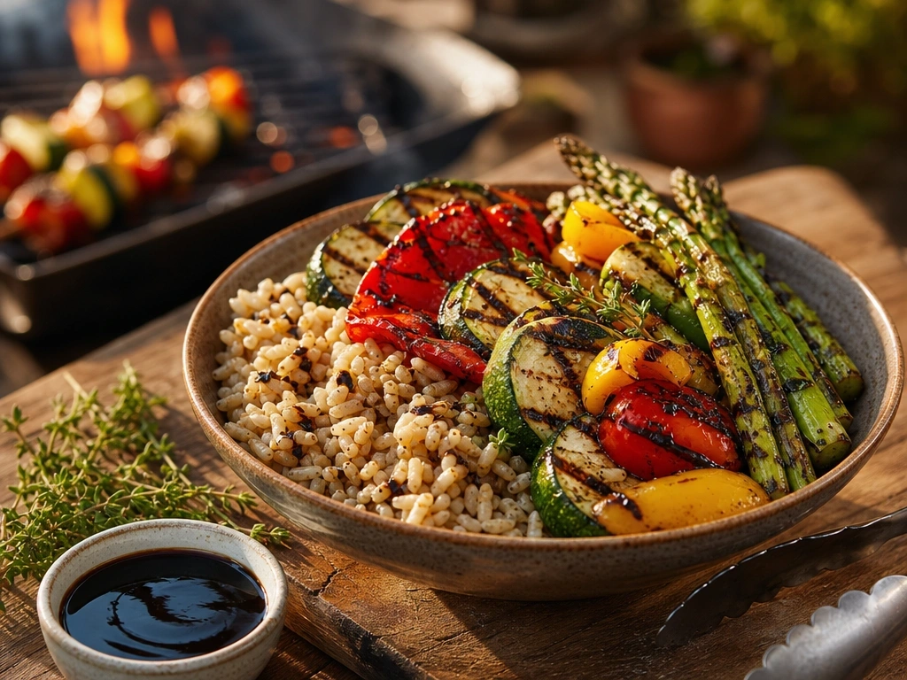 Healthy brown rice bowl topped with grilled zucchini, bell peppers, and asparagus drizzled with a balsamic glaze.