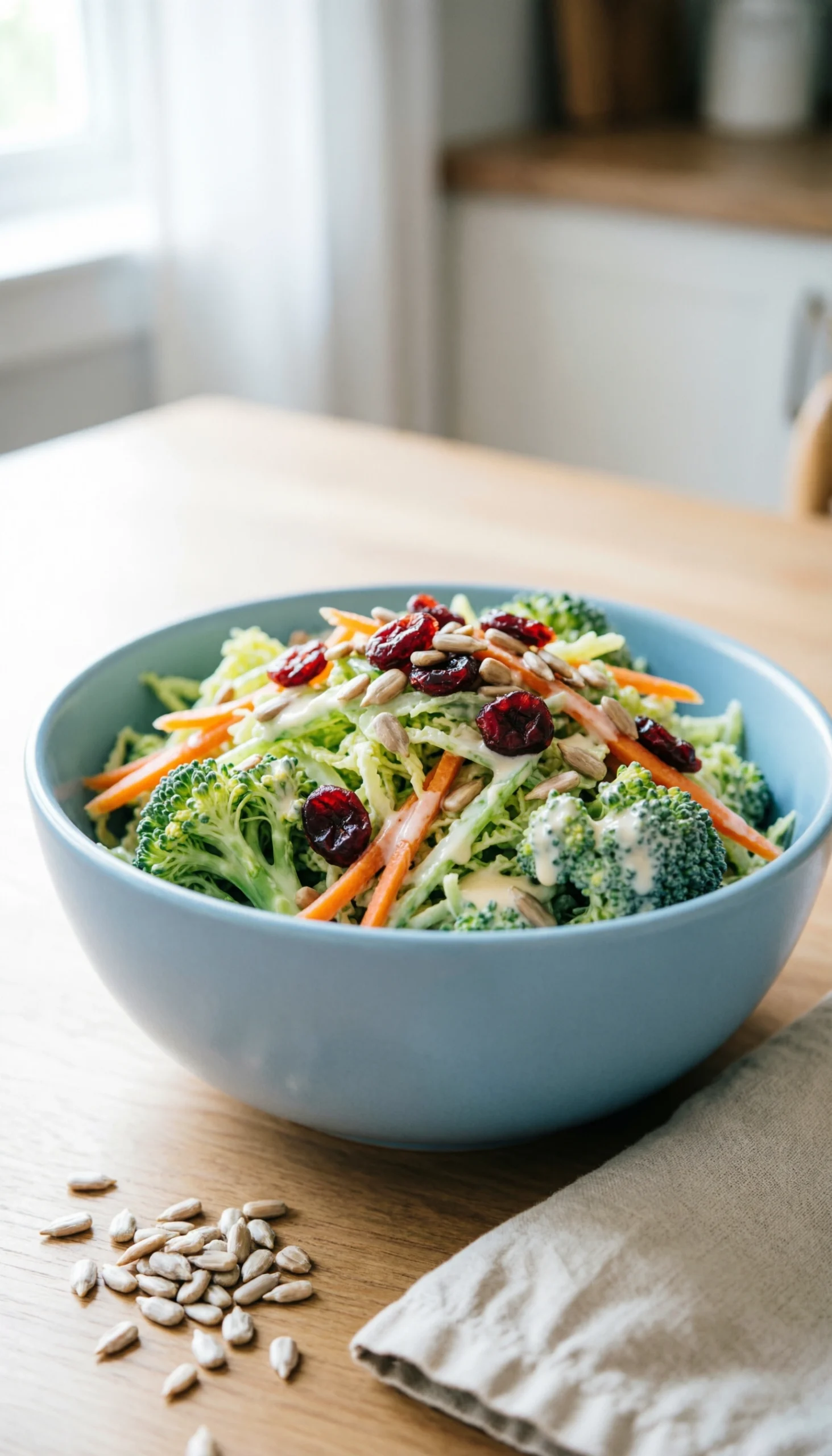 Healthy Creamy Broccoli Slaw With Shredded Broccoli, Carrots, Dried Cranberries, And Sunflower Seeds In A Light Blue Bowl.