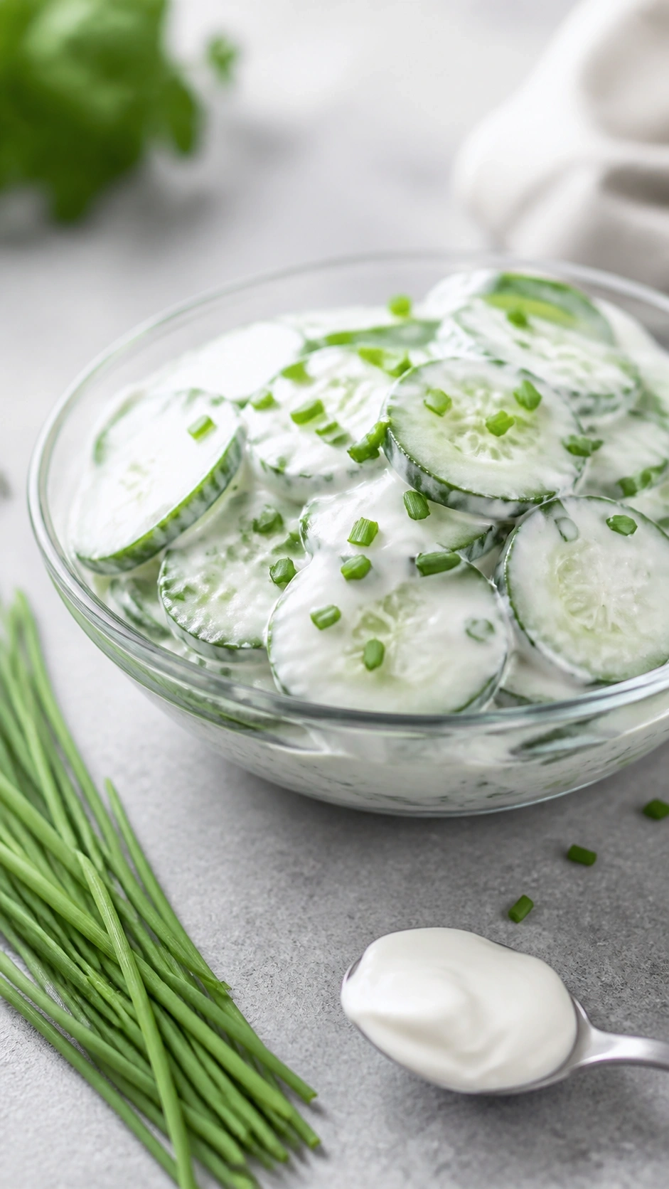 Healthy creamy cucumber salad with Greek yogurt dressing and fresh chives in a glass bowl on a modern gray surface.