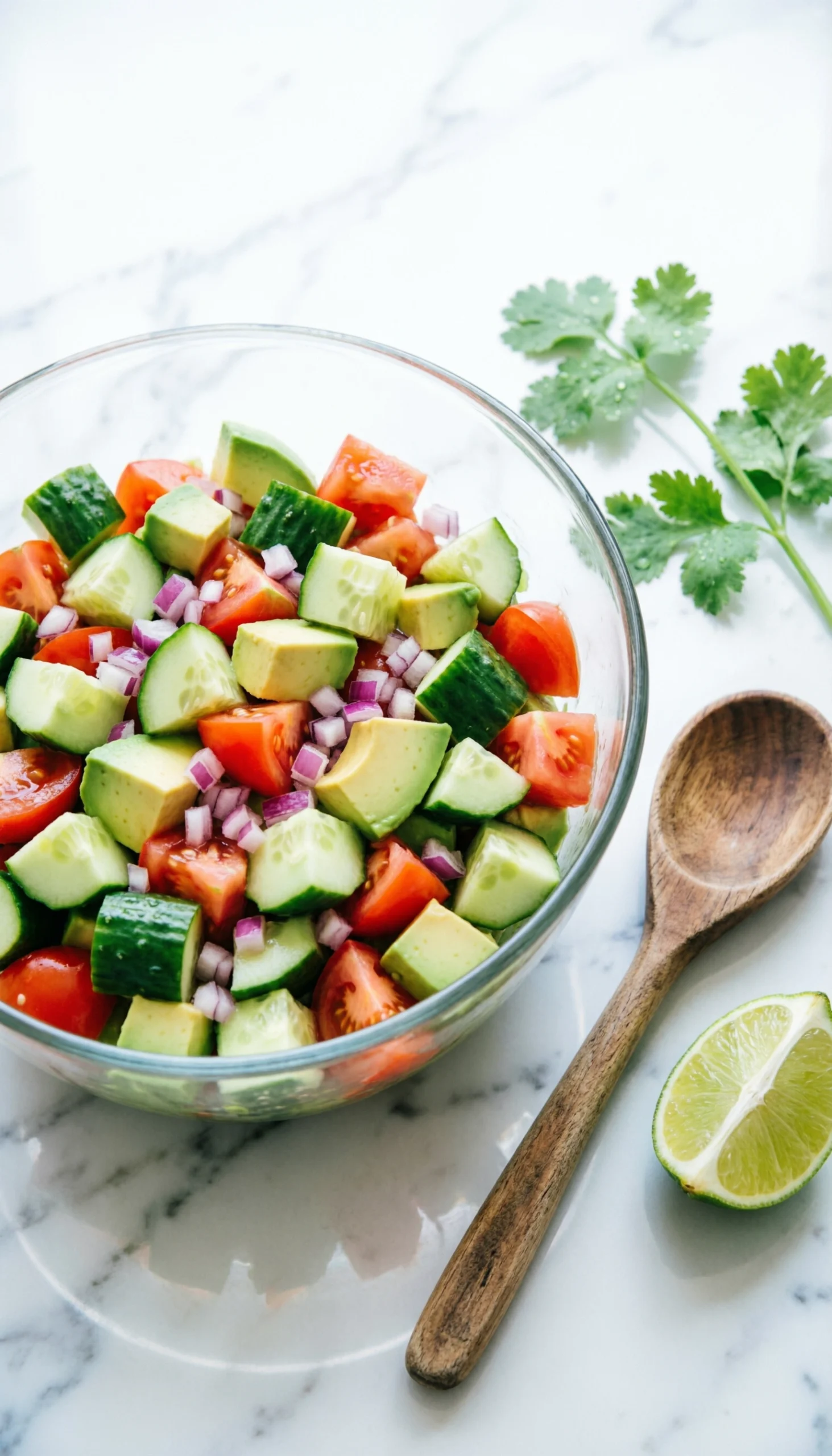Healthy Cucumber Tomato Avocado Salad With Red Onion And Cilantro In A Glass Bowl On A White Marble Surface.