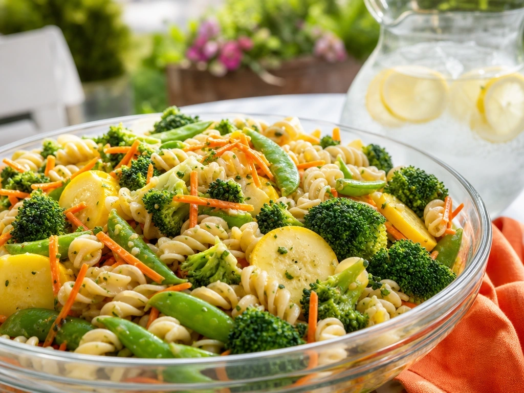 Healthy garden veggie rotini pasta salad with broccoli and carrots in a clear bowl on a sunny outdoor patio table.