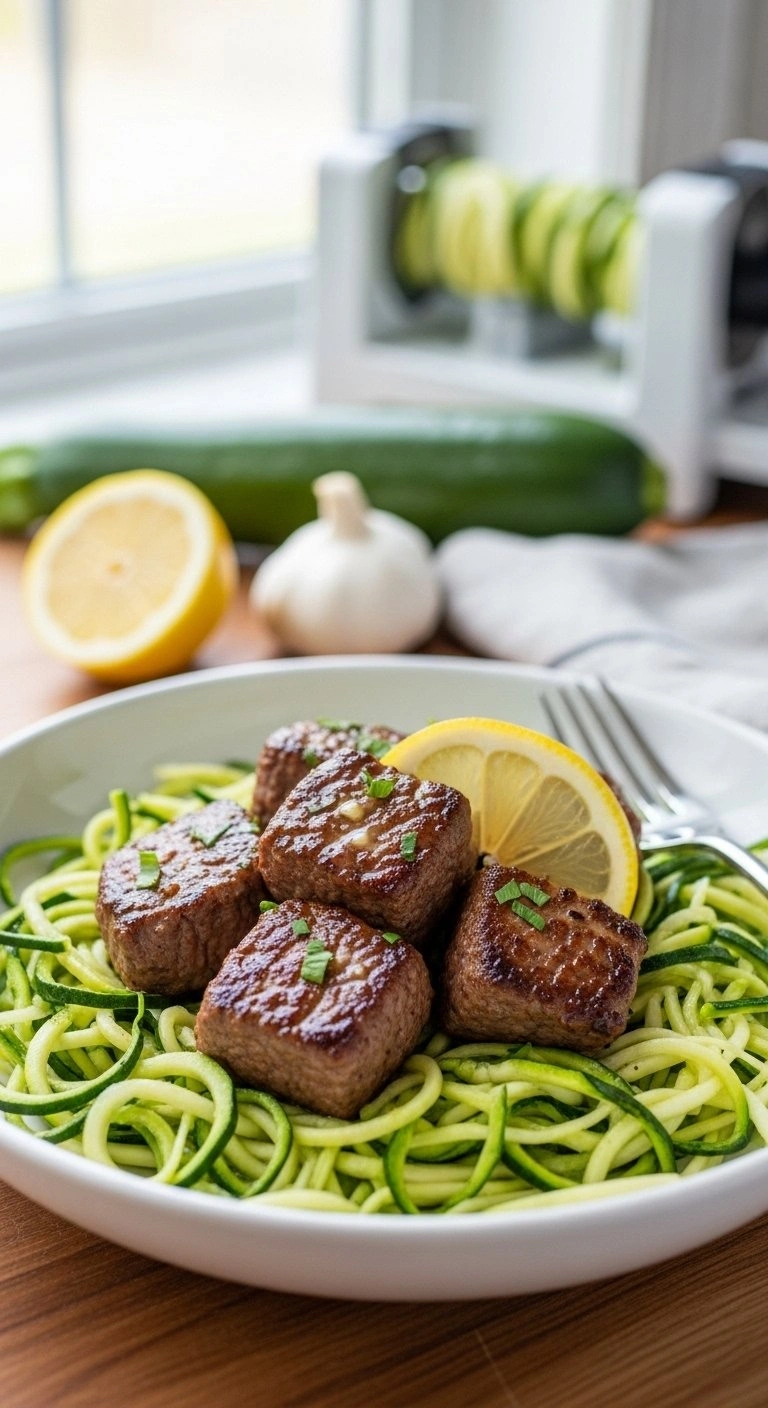 Healthy Keto Lemon Garlic Steak Bites Served Over Fresh Zucchini Noodles With Lemon Wedges In A White Bowl.