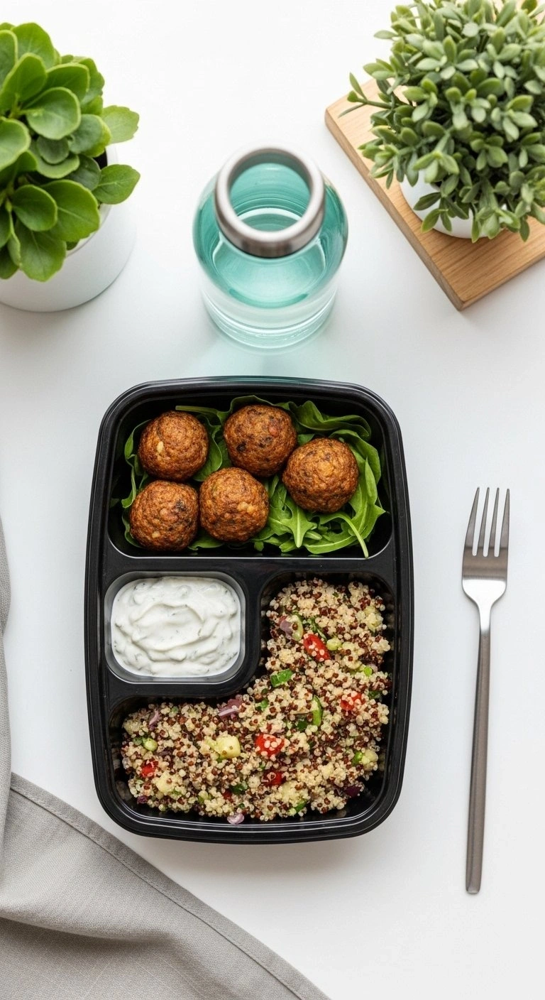 Healthy Meal Prep Container With Greek Lentil Meatballs, Quinoa Salad, And Tzatziki Sauce For A Nutritious Work Lunch.