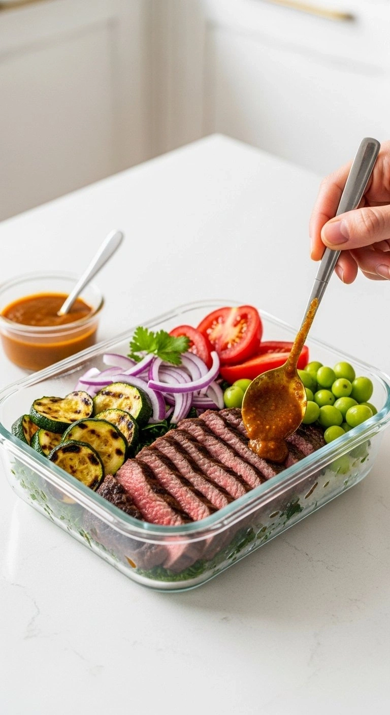 Healthy Meal Prep Container With Grilled Steak, Charred Zucchini, And Fresh Toppings On A Clean Kitchen Counter.
