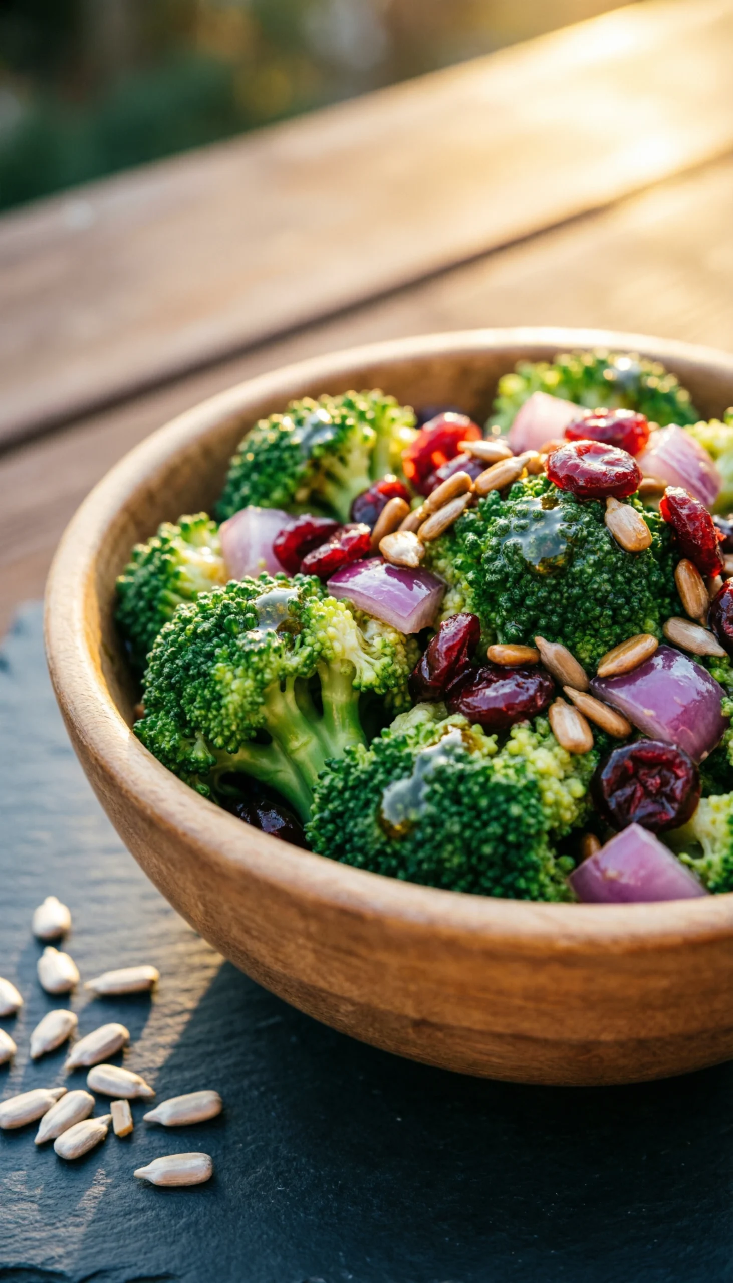 Healthy no-mayo broccoli salad with dried cranberries and sunflower seeds in a rustic wooden bowl on a slate surface.