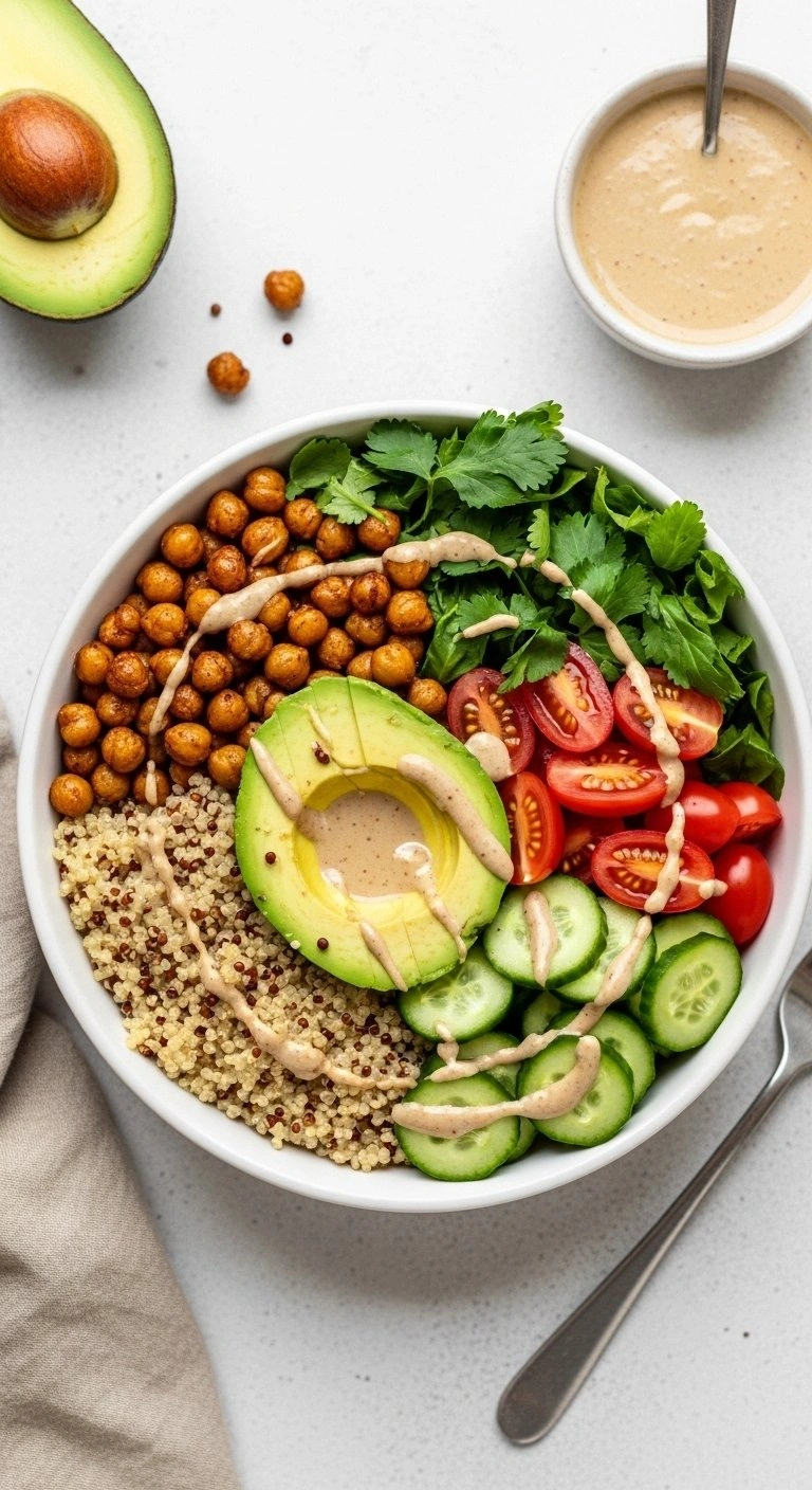 Healthy Quinoa Power Bowl With Roasted Chickpeas, Avocado, Tomatoes, And Tahini Dressing In A White Ceramic Bowl.
