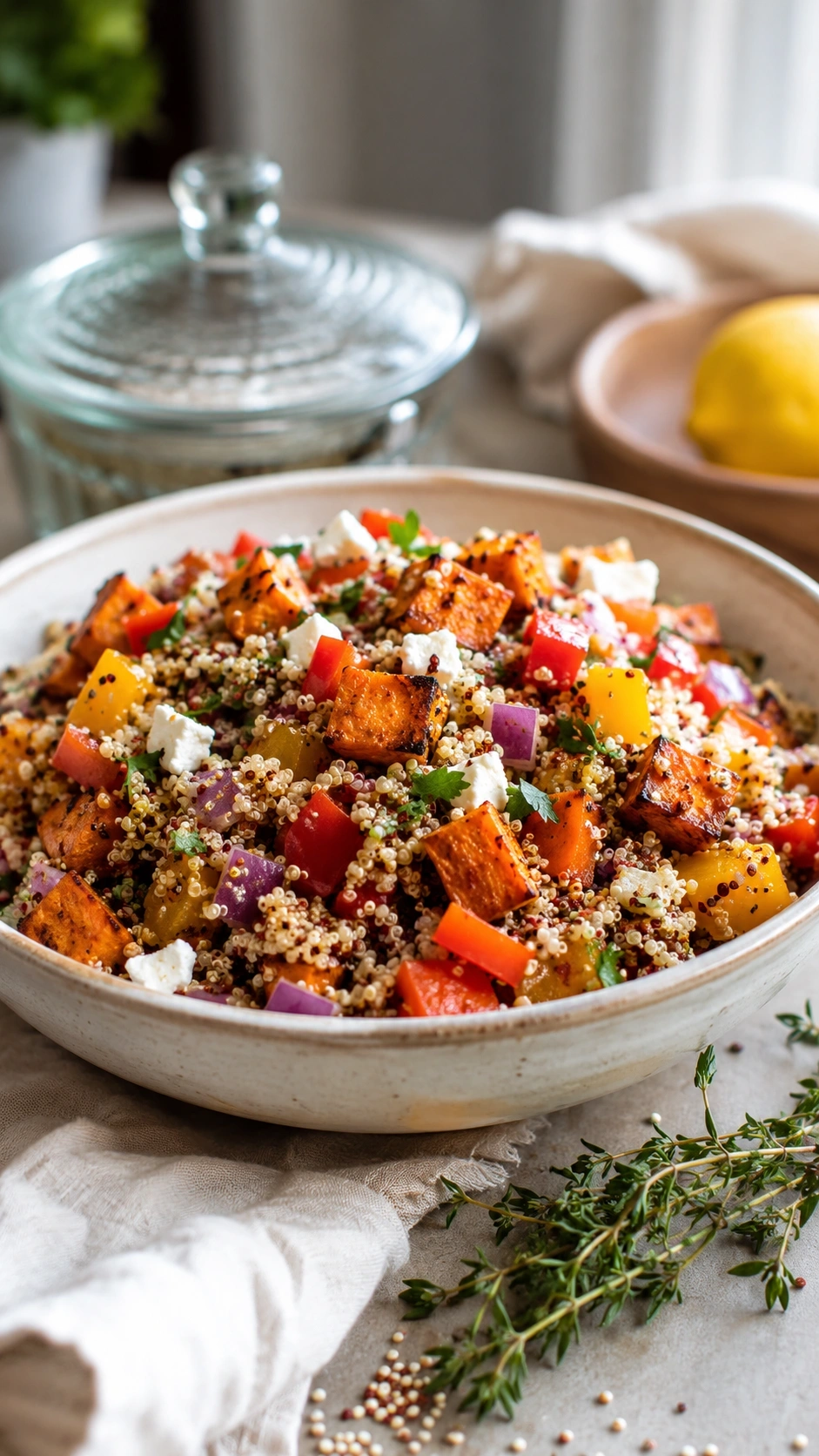 Healthy quinoa salad bowl with roasted sweet potatoes and lemon vinaigrette in a bright, natural outdoor picnic setting.