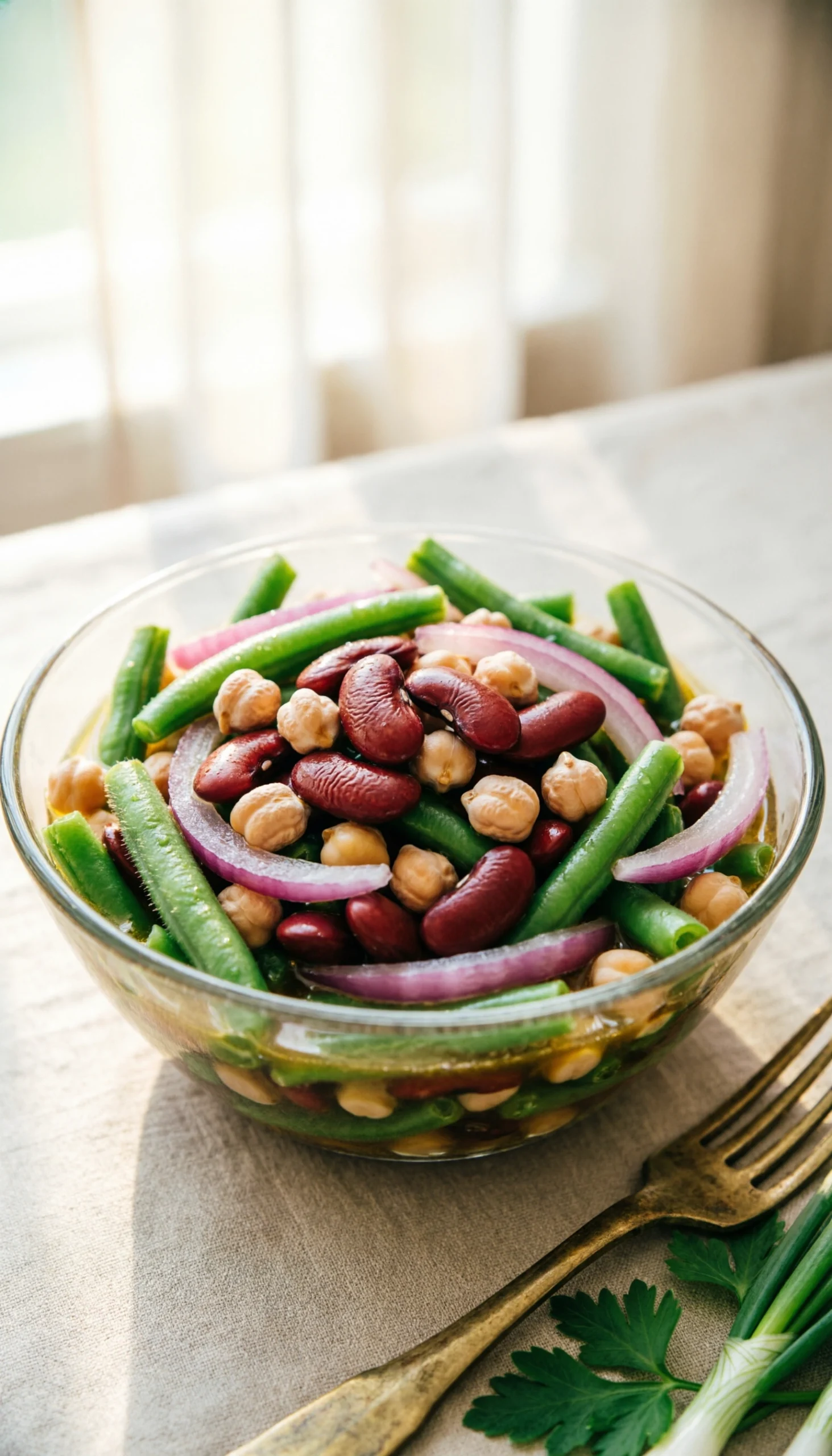 Healthy three-bean salad with green, kidney, and garbanzo beans in a glass bowl on a light linen tablecloth.