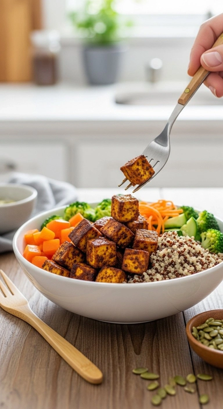 Healthy Vegan Grain Bowl With Blackened Tofu Cubes, Fresh Vegetables, And Quinoa On A Rustic Wooden Kitchen Table.
