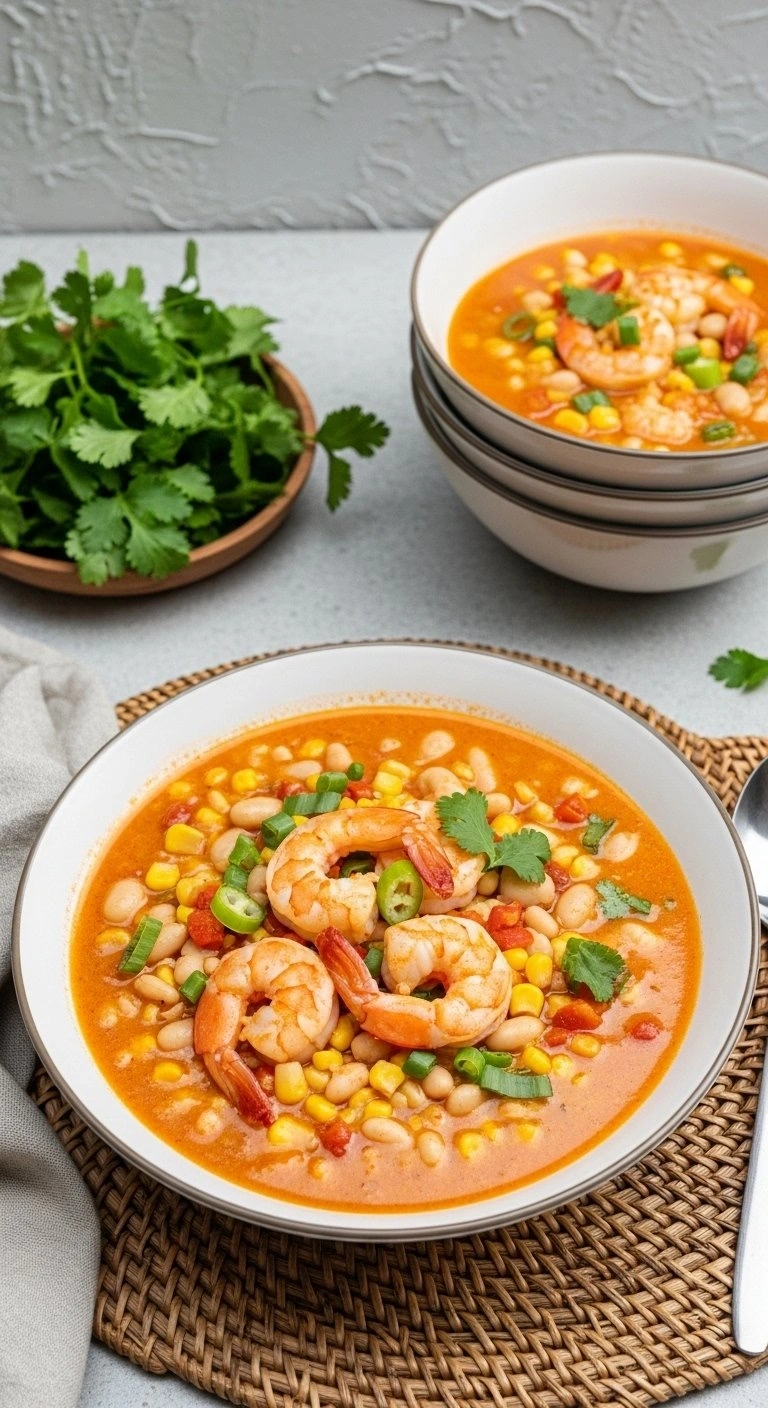 Hearty 30-Minute Shrimp Chili With White Beans And Corn Served In A Ceramic Bowl On A Textured Woven Placemat.
