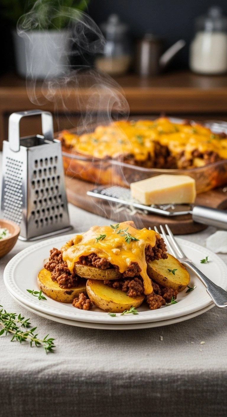 Hearty Amish Beef And Potato Casserole With Bubbly Cheddar Cheese Sauce On A Vintage Plate With Fresh Thyme Sprigs.