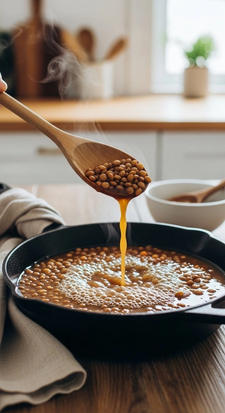 Hearty Brown Lentils Simmer In Rich Vegetable Broth Within A Black Cast Iron Skillet On A Rustic Wooden Kitchen Table.