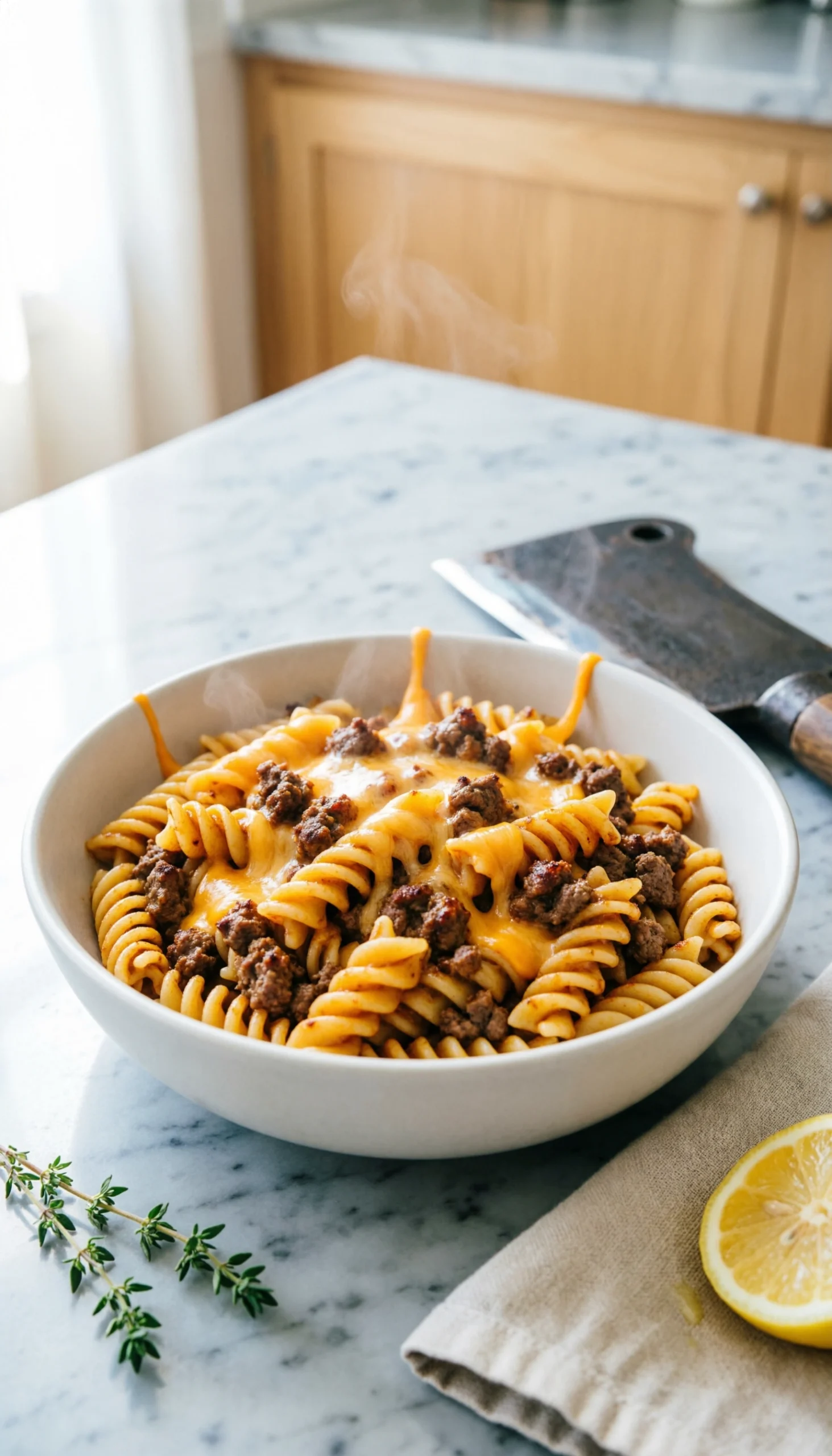 Hearty cheeseburger pasta with rotini and creamy cheddar cheese sauce in a bowl on a modern marble countertop.