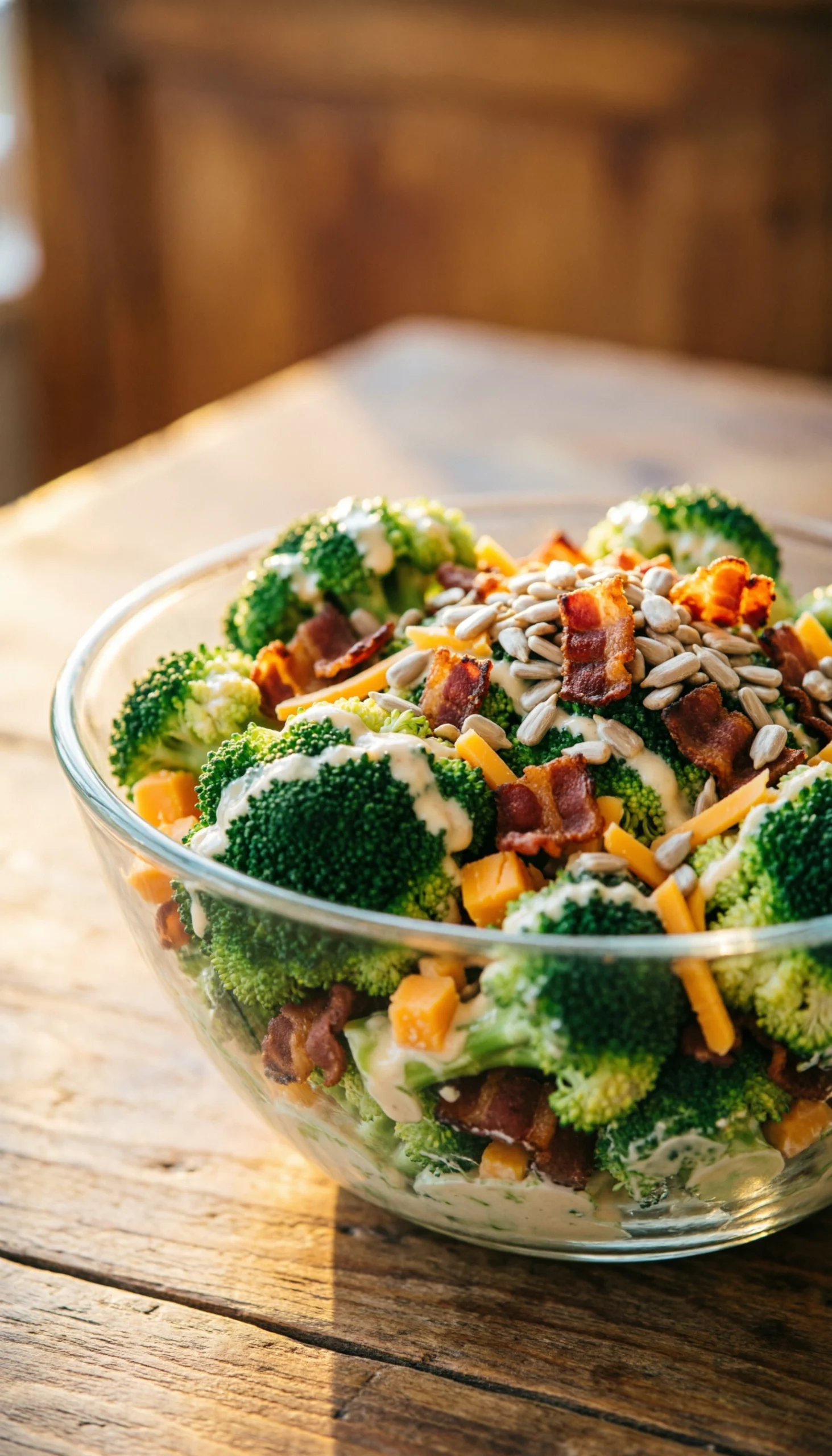 Hearty keto broccoli salad with crispy bacon, cheddar cheese, and sunflower seeds in a glass bowl on a rustic wood table.