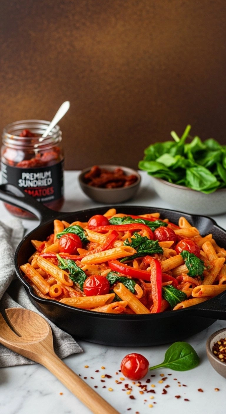 Hearty Penne Pasta Primavera With Roasted Red Peppers, Tomatoes, And Spinach Served In A Rustic Cast Iron Skillet.