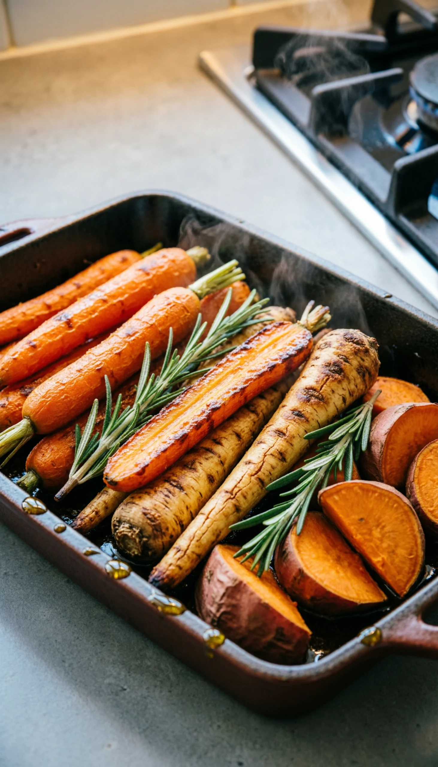 Hearty roasted root vegetables including caramelized carrots, parsnips, and sweet potatoes with fresh rosemary.