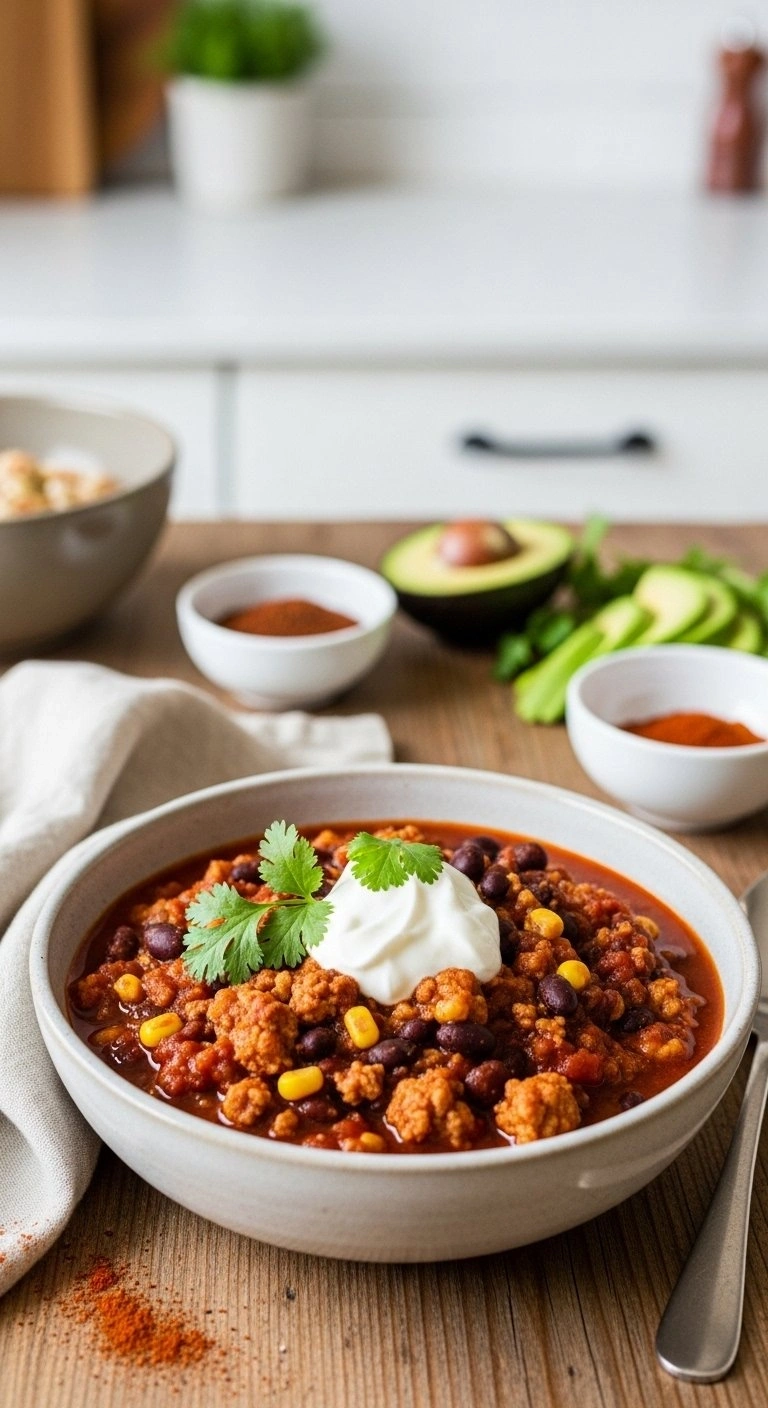Hearty Turkey And Black Bean Chili With Corn, Greek Yogurt, And Cilantro In A Rustic Bowl On A Weathered Wood Table.