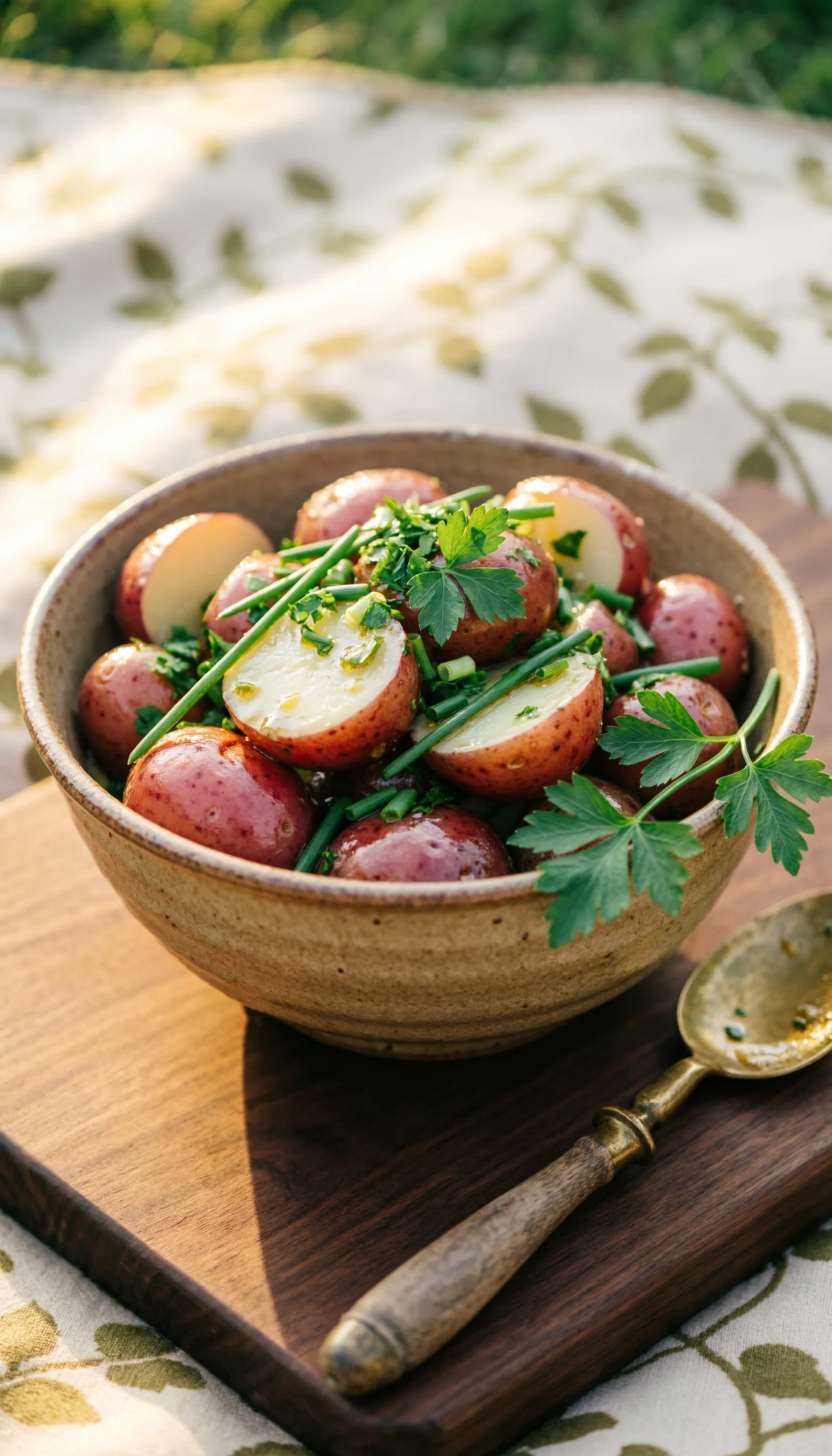 Herbed red potato salad with fresh parsley and chives in a rustic bowl on a dark wood board during a summer picnic.