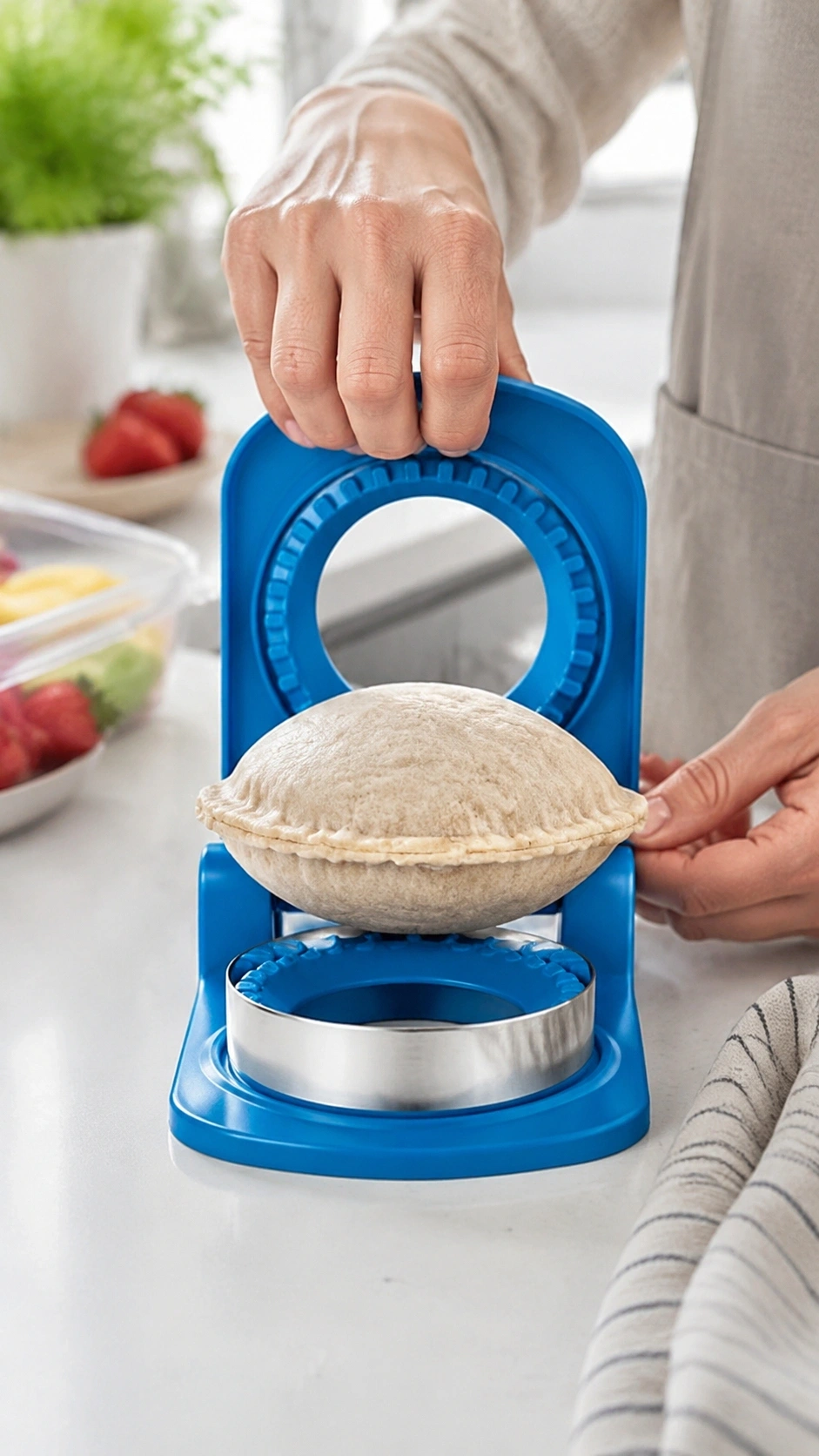 Hiyz Sandwich Cutter On A Kitchen Counter Surrounded By Bread, Peanut Butter, Jelly, And A Finished Sealed Sandwich