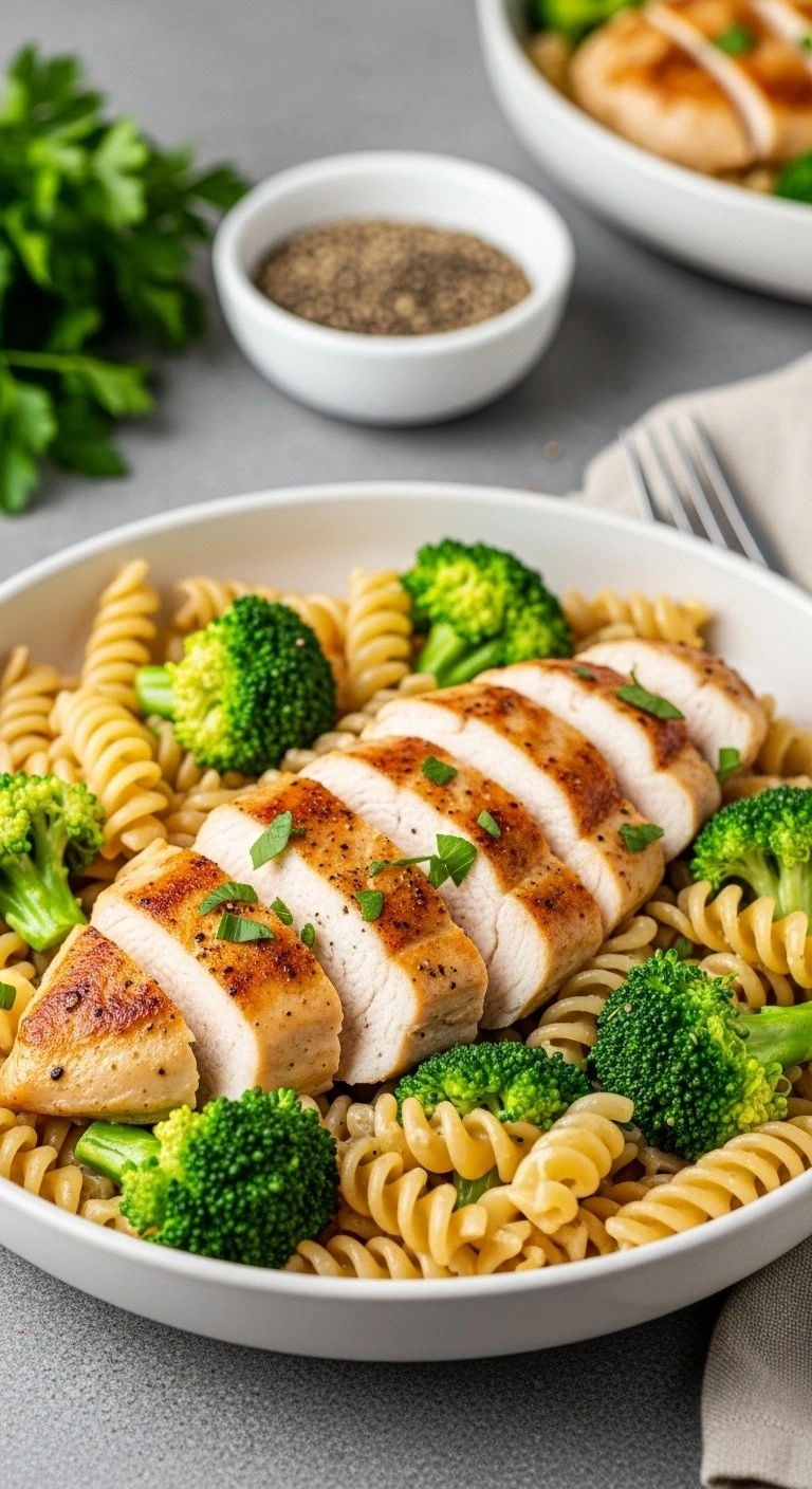High-Protein Chicken And Broccoli Pasta Primavera Featuring Seared Chicken And Fusilli In A Creamy Garlic Sauce.