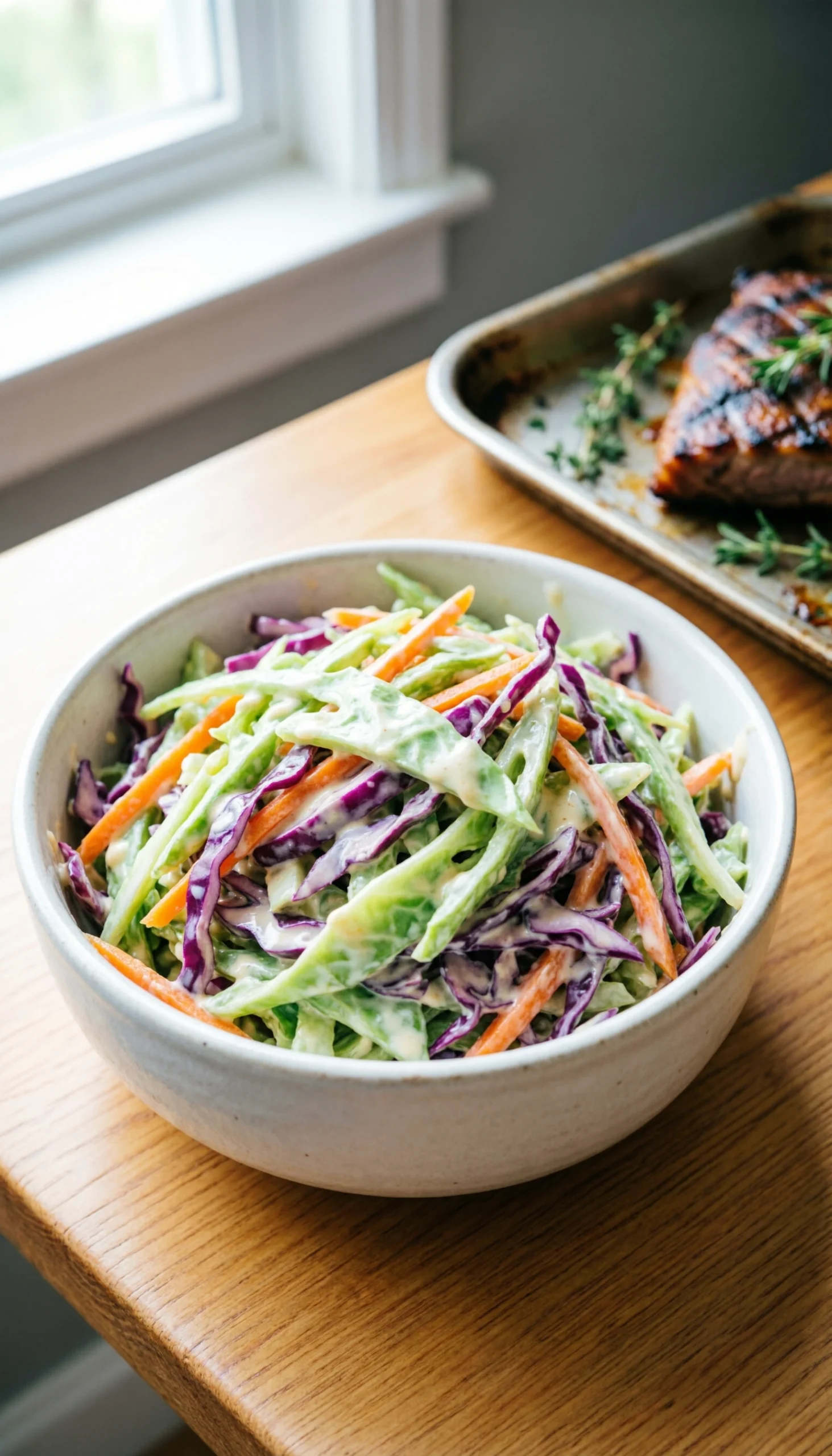 Homemade creamy coleslaw with green and purple cabbage, and carrots, in a bowl on a light wooden table.