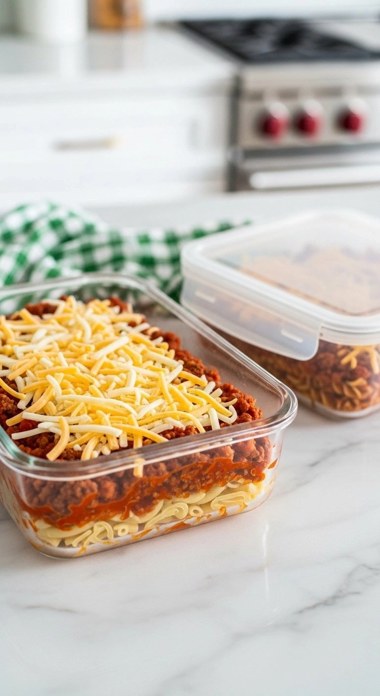Homemade Sloppy Joe Pasta Bake Meal Prep Stored In Glass Freezer Containers On A Clean White Marble Countertop.