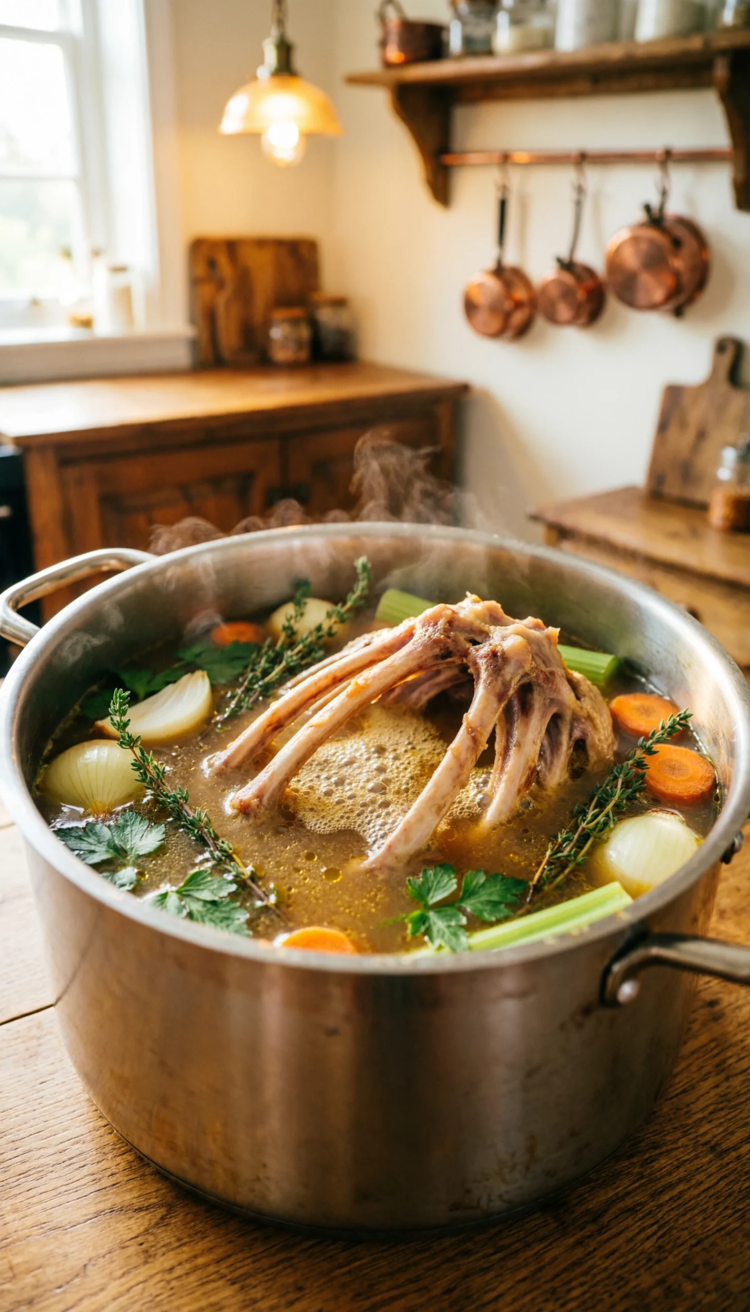 Homemade turkey broth simmering in a large stainless steel stockpot with fresh herbs on a rustic wooden table.