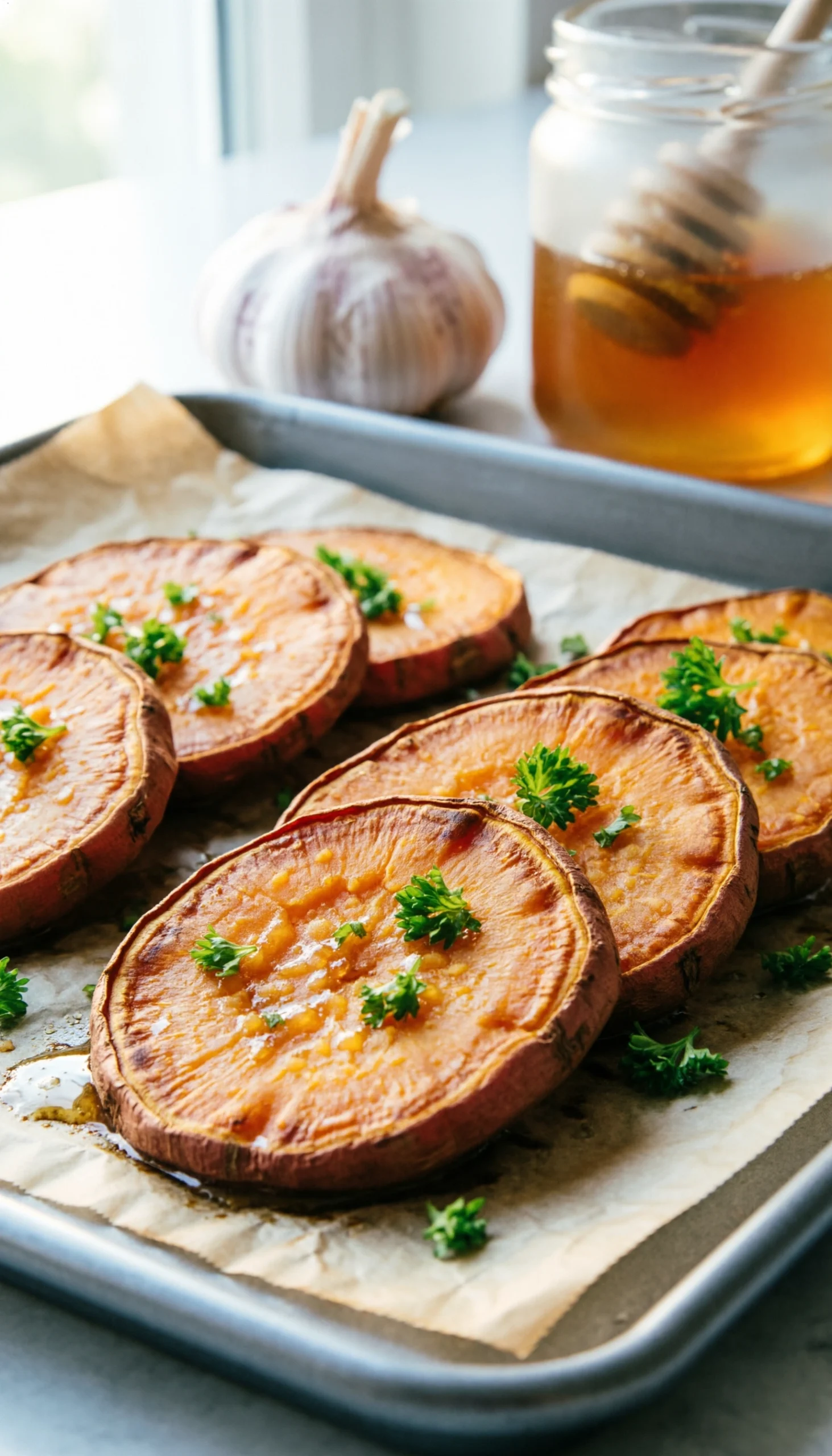 Honey-garlic roasted sweet potato rounds with caramelized edges on a parchment-lined baking sheet with parsley.