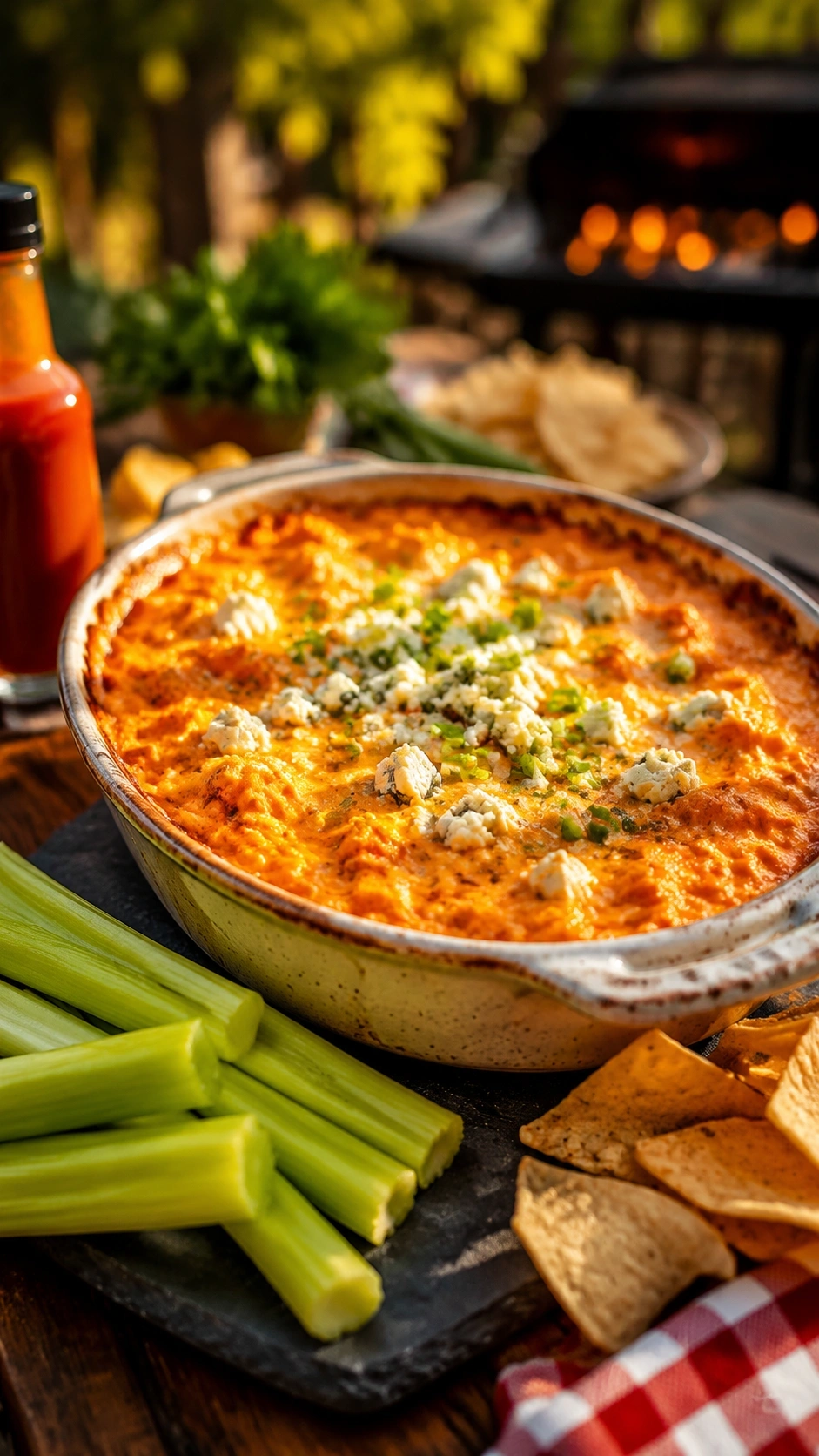 Hot bubbling spicy buffalo chicken dip topped with blue cheese and green onions, served with celery and chips.