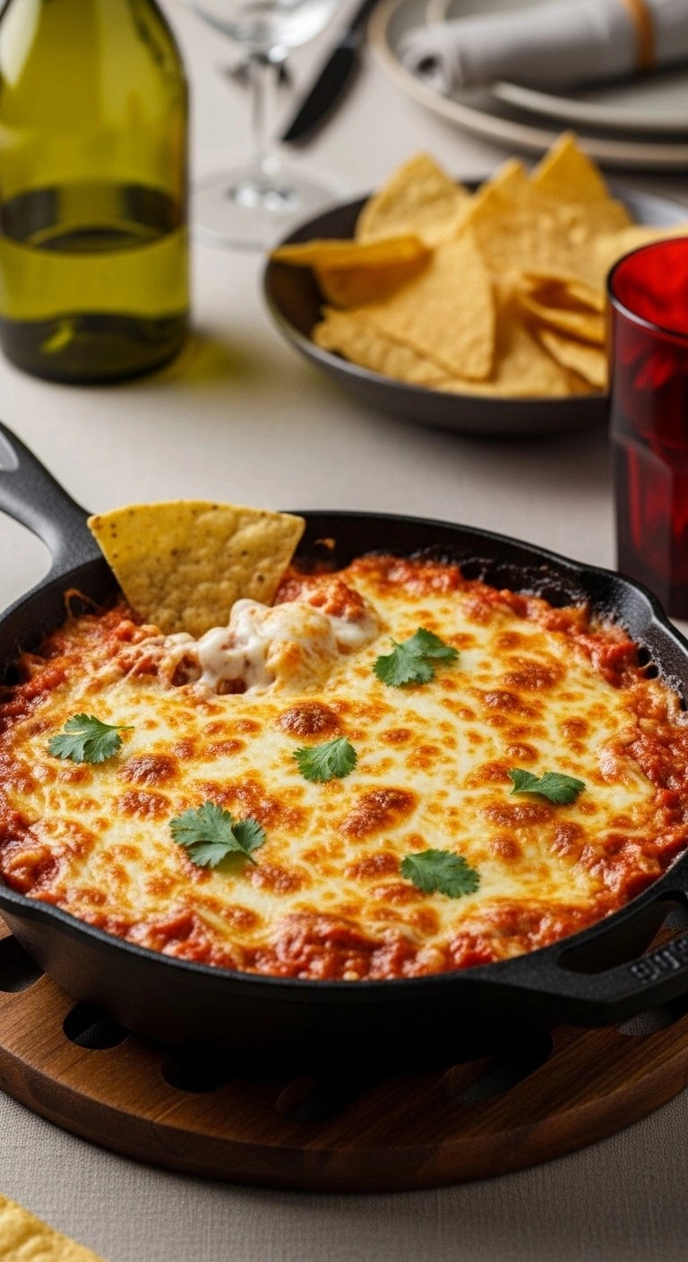 Hot Bubbly Esquites Corn Dip With Melted Cheese And Cilantro In A Cast-Iron Skillet With A Tortilla Chip.