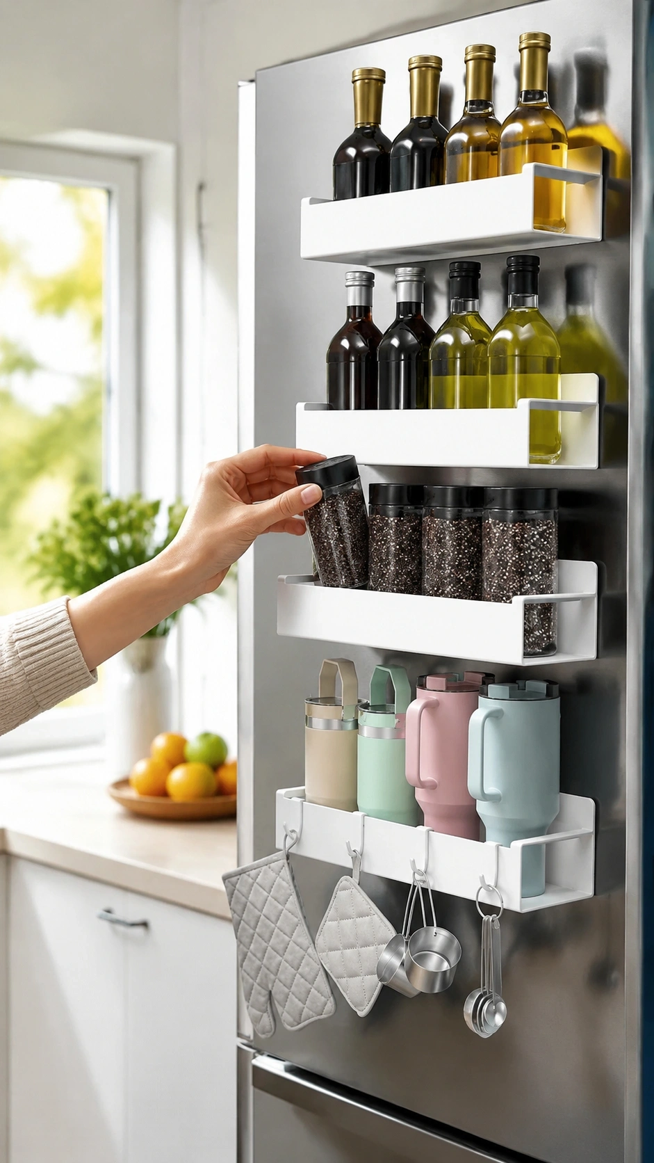 Testing Setup Photo Showing The Rack Fully Loaded With Heavy Glass Oil Bottles On The Side Of A Stainless Steel Refrigerator Next To A Tape Measure