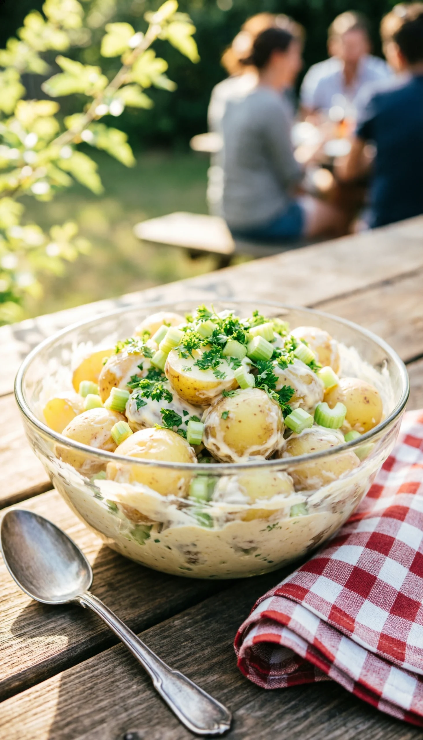 Hyperrealistic creamy potato salad with golden potatoes, fresh dill, celery, and rich dressing in a glass bowl on a wooden picnic table with a spoon.