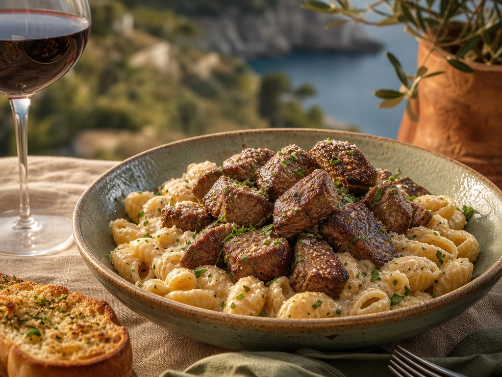 Hyperrealistic image of creamy garlic butter steak bites and alfredo pasta in an elegant bowl with wine and garlic bread.