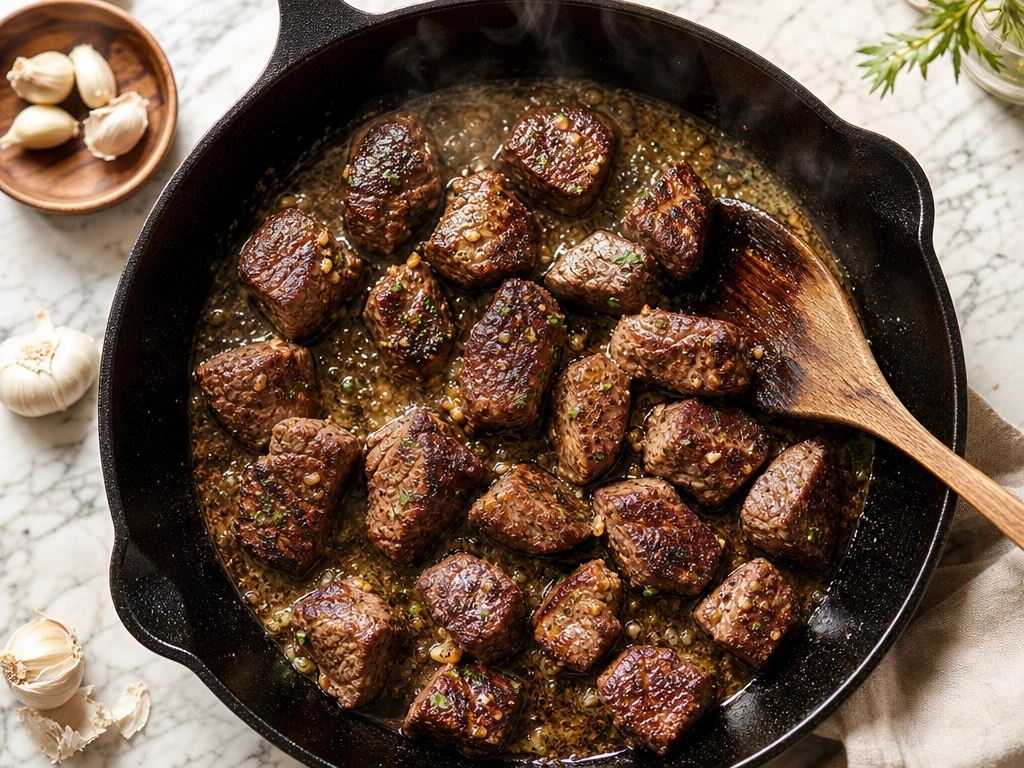 Hyperrealistic image of golden-brown seasoned steak bites searing vigorously in a cast iron skillet on a marble countertop.