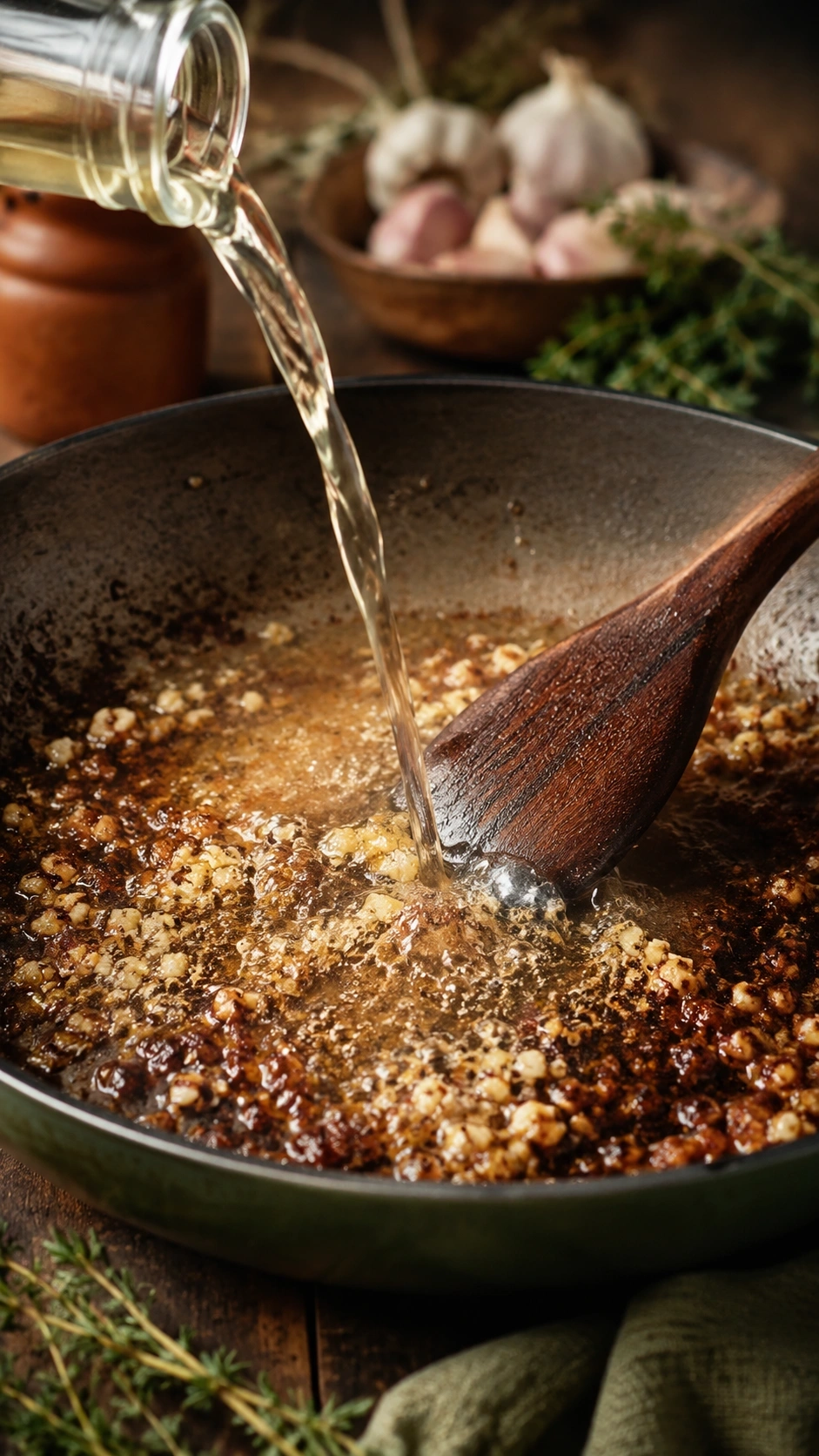 Hyperrealistic image of minced garlic sautéing in bubbling golden butter within a rustic skillet with thyme and a wine splash.