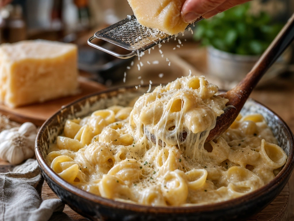 Hyperrealistic image of parmesan cheese melting into warm pasta shells tossed in creamy garlic alfredo sauce.