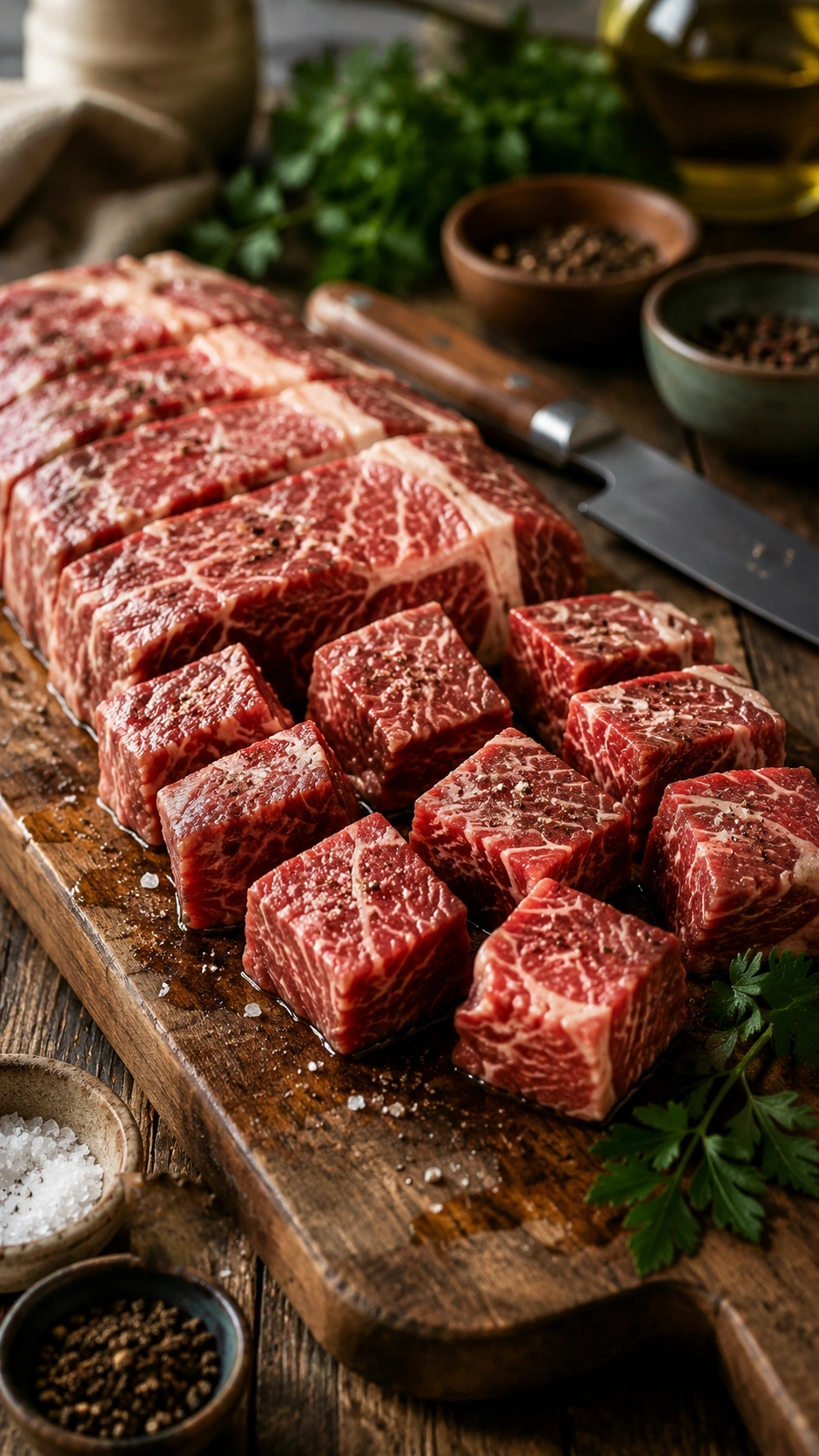 Hyperrealistic image of perfectly marbled raw striploin steak being cut into cubes on a rustic wooden board with spices and a knife.
