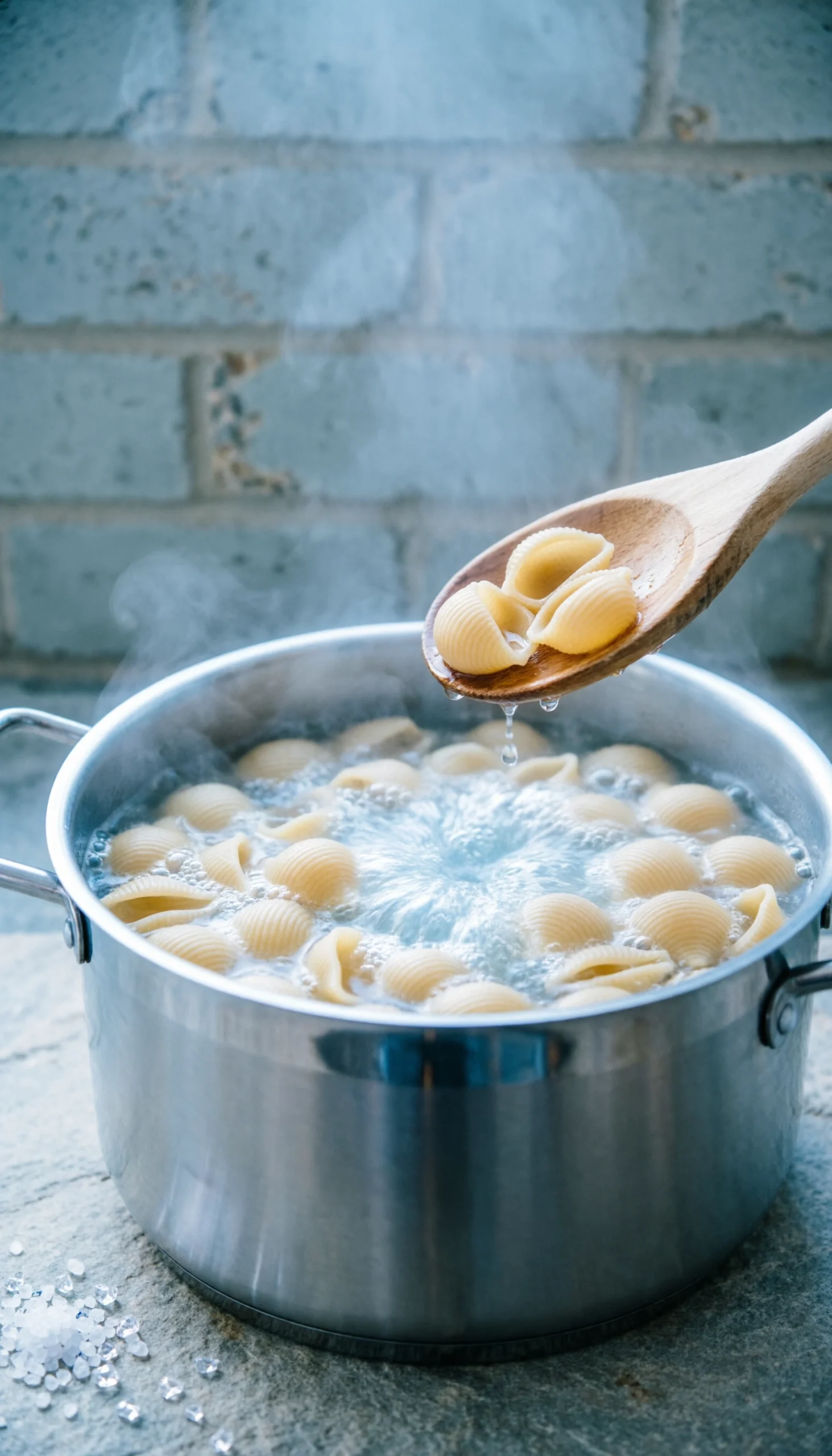 Hyperrealistic image of plump shell pasta boiling in a stainless steel pot of bubbly water with a slotted spoon and steam.