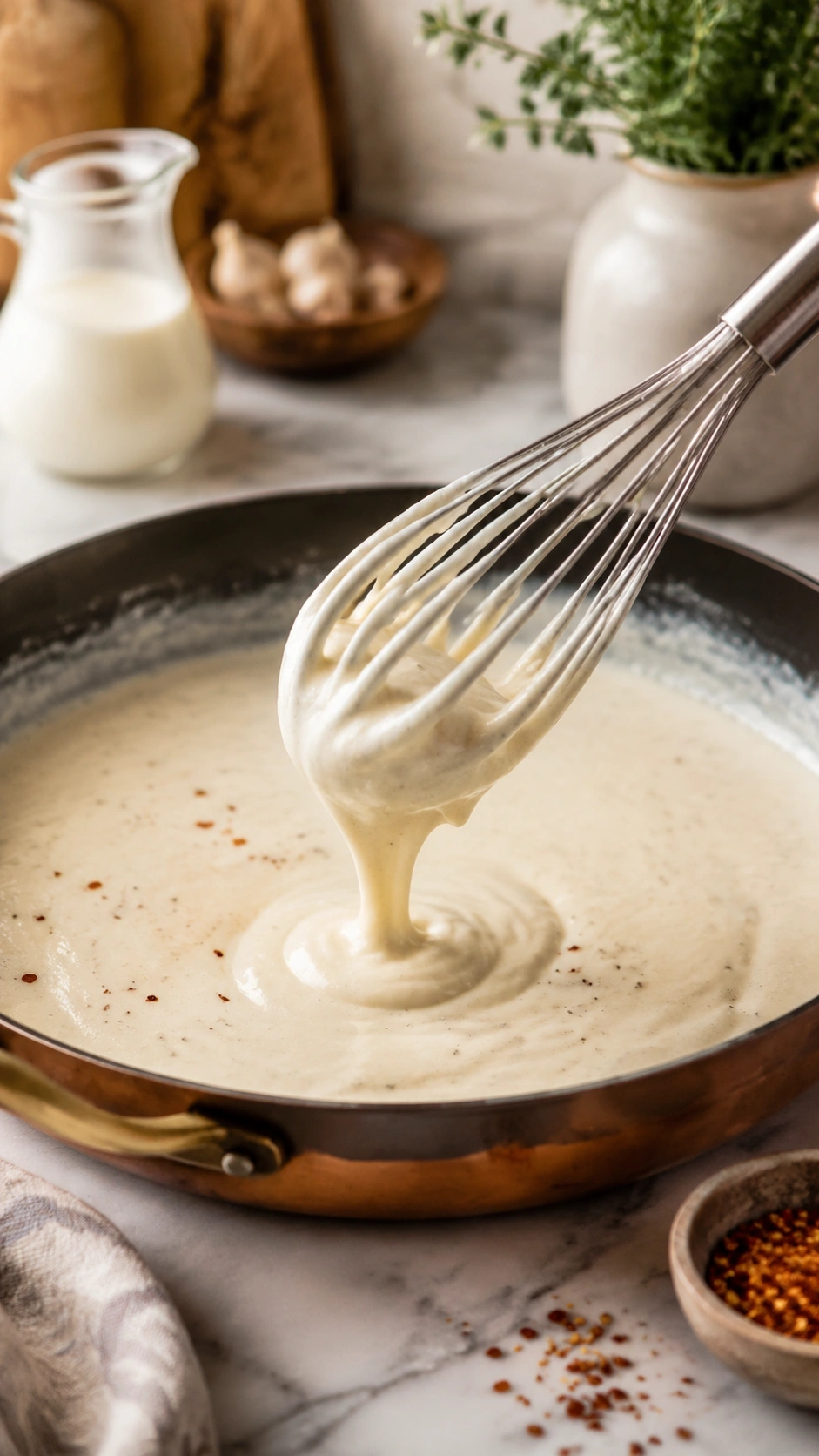 Hyperrealistic image of rich heavy cream being whisked into a velvety, thickening sauce in a skillet on a marble counter.