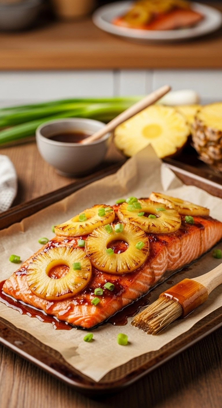 Hyperrealistic Photograph Of A Perfectly Baked Salmon Fillet With Caramelized Pineapple Glaze, Roasted Rings, And Green Onions On A Rustic Baking Sheet, Evoking Cozy Dining.