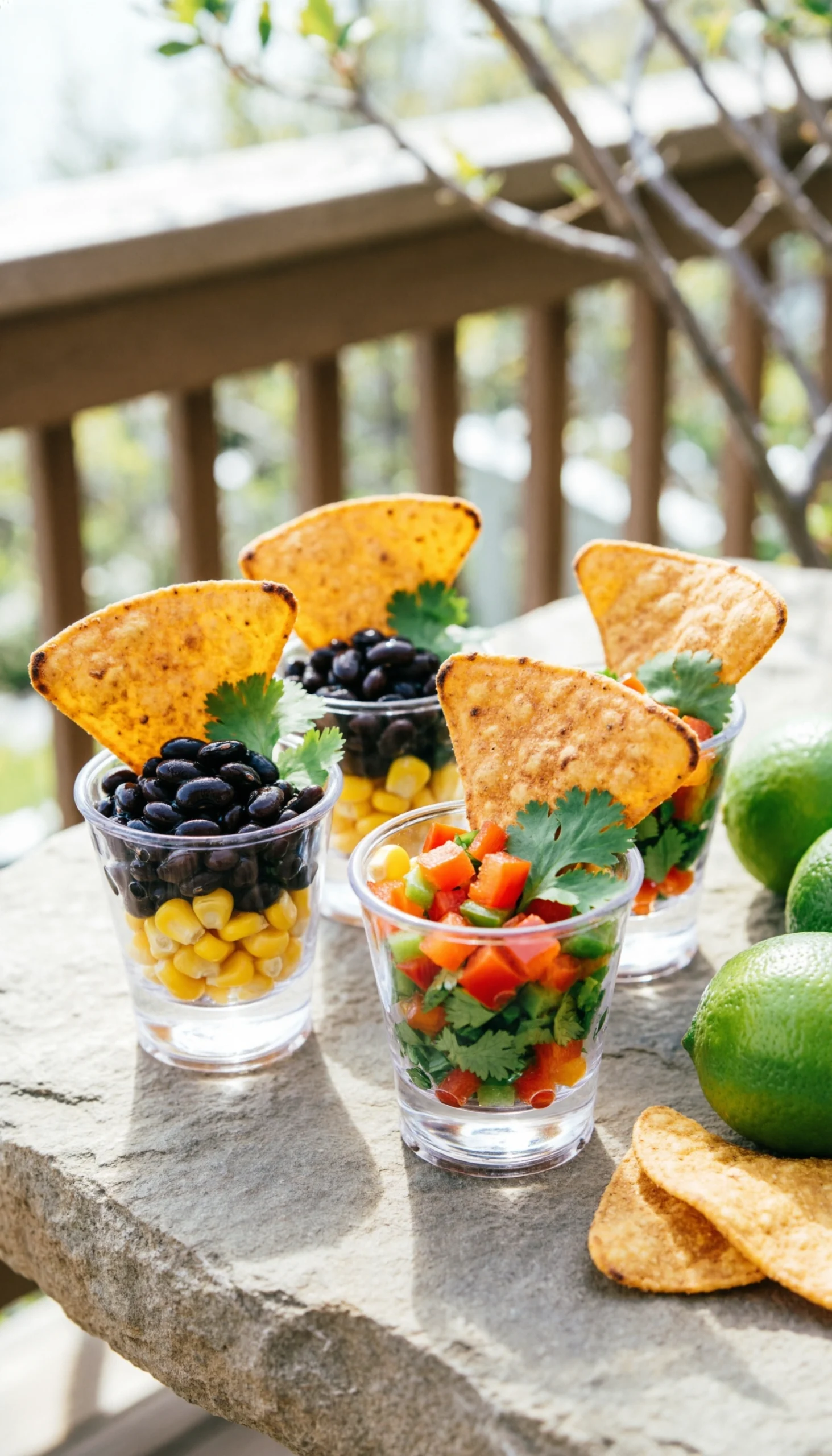 Individual cowboy caviar dip cups with black beans, corn, and peppers featuring a crunchy artisan tortilla chip.